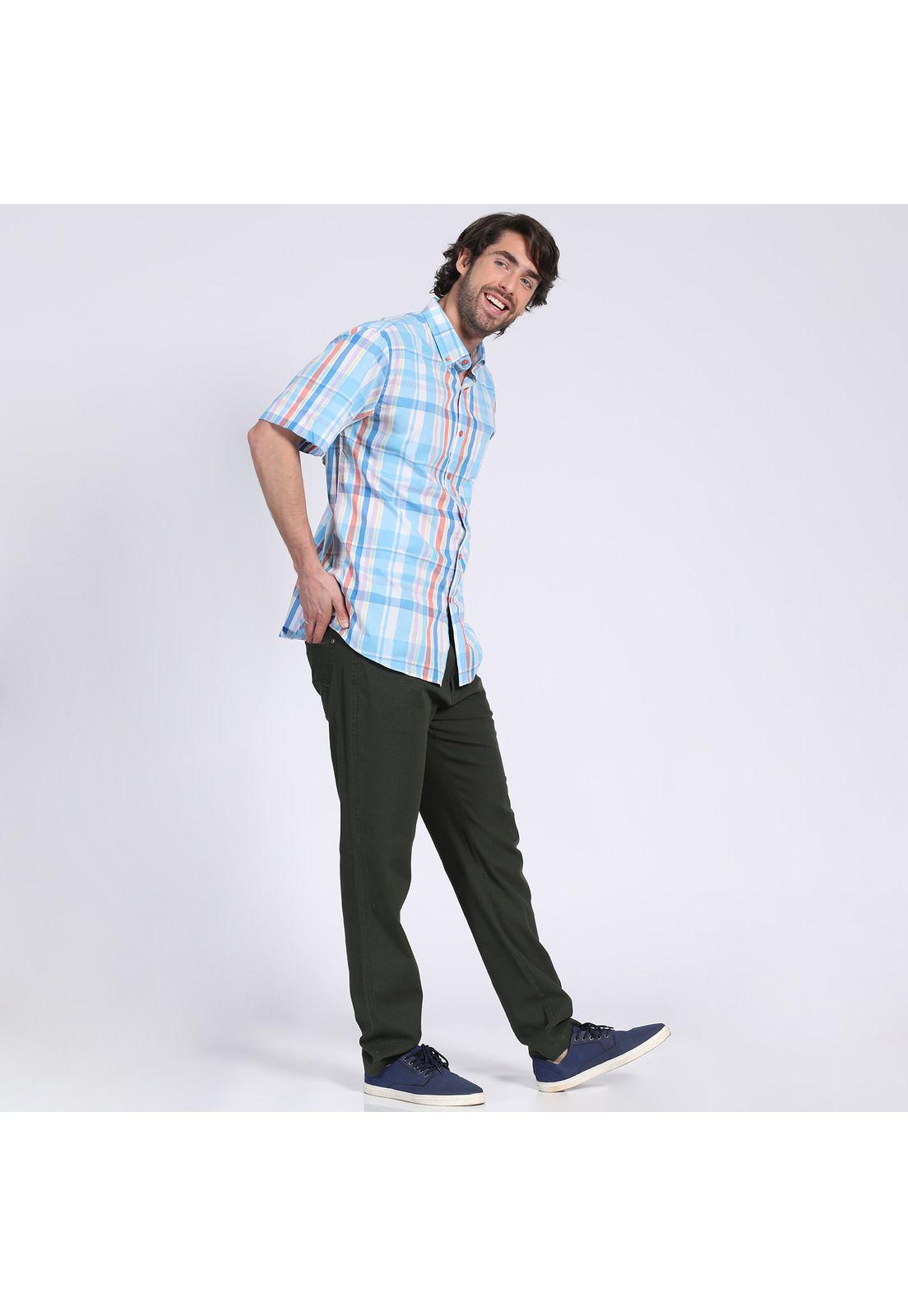 Camisa Manga Corta Fantasía Premium Botón Cuello Regular Fit Botón Cuello Azul-0