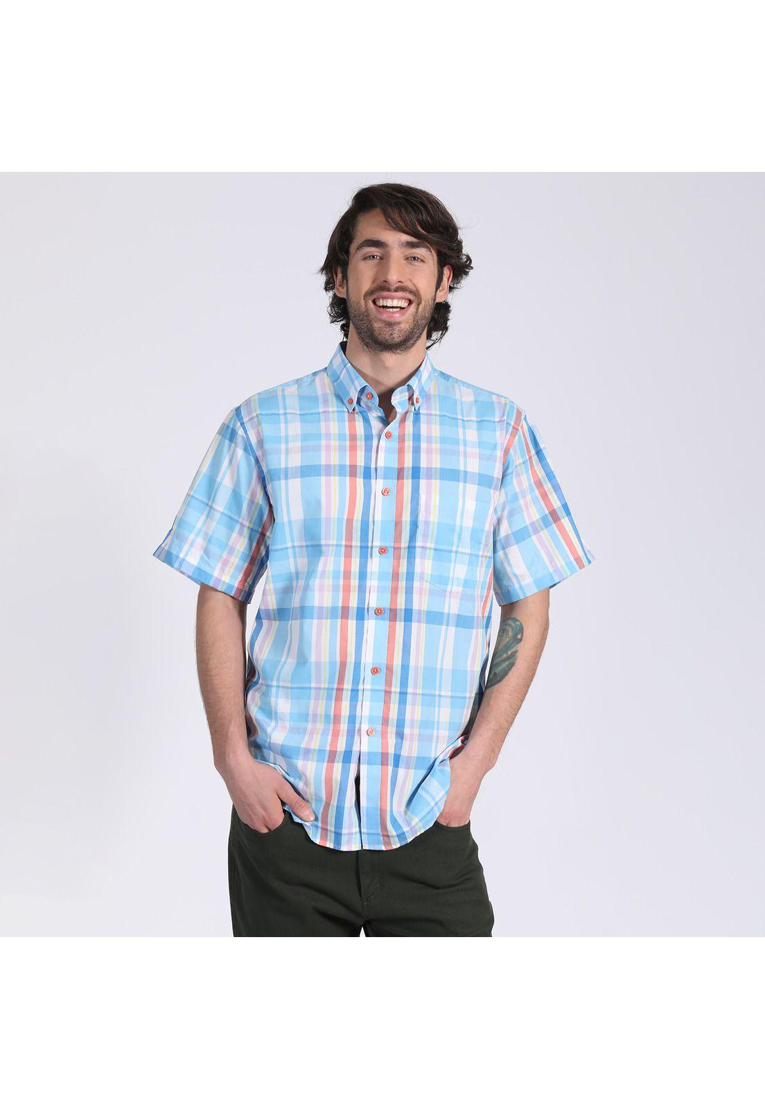 Camisa Manga Corta Fantasía Premium Botón Cuello Regular Fit Botón Cuello Azul-1