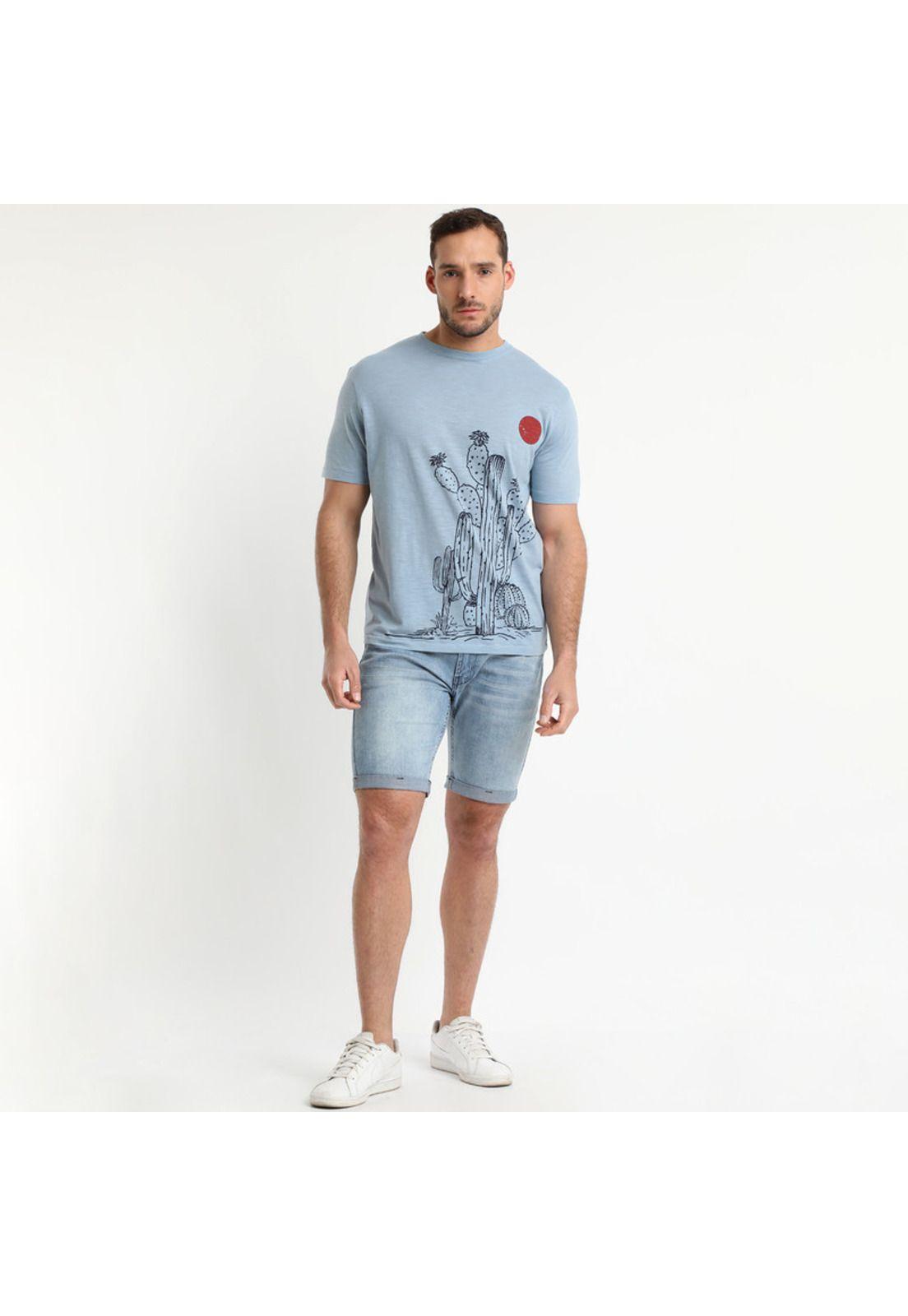 Polera Manga Corta Cuello Redondo Print Celeste-0