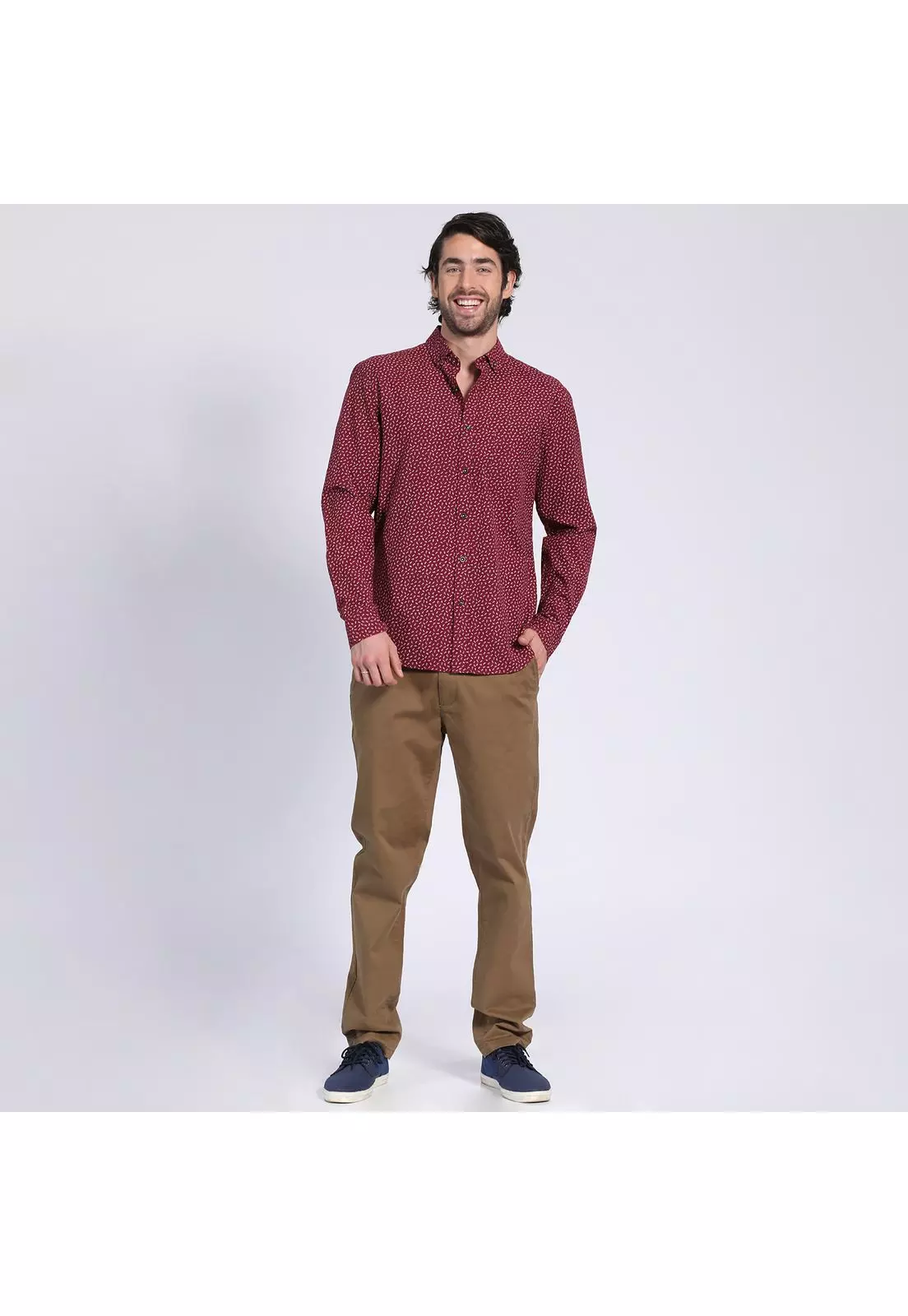 Camisa Manga Larga Oxford Estampada Slim Fit Botón Cuello Rojo-0