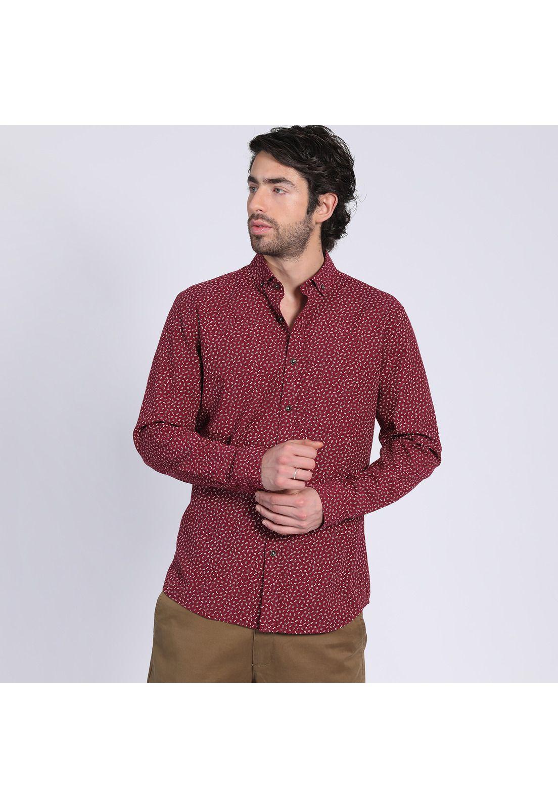Camisa Manga Larga Oxford Estampada Slim Fit Botón Cuello Rojo-1
