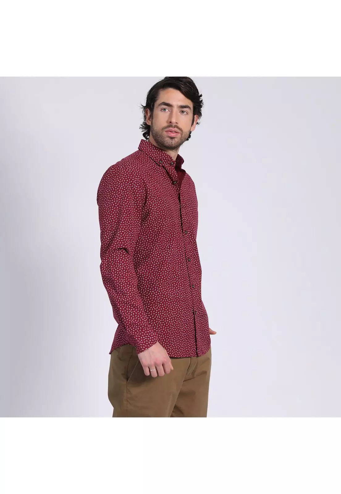 Camisa Manga Larga Oxford Estampada Slim Fit Botón Cuello Rojo-2