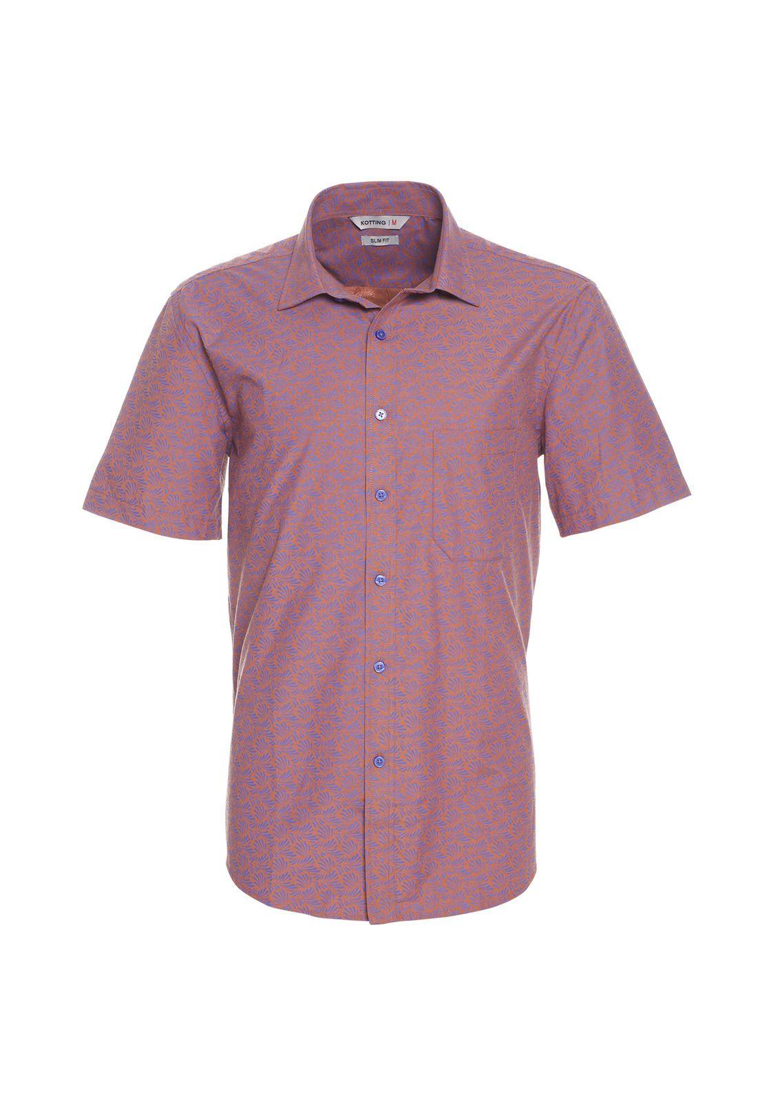 Camisa Manga Corta Fantasía Estampada Slim Fit Cuello Semi Italiano Naranja-0