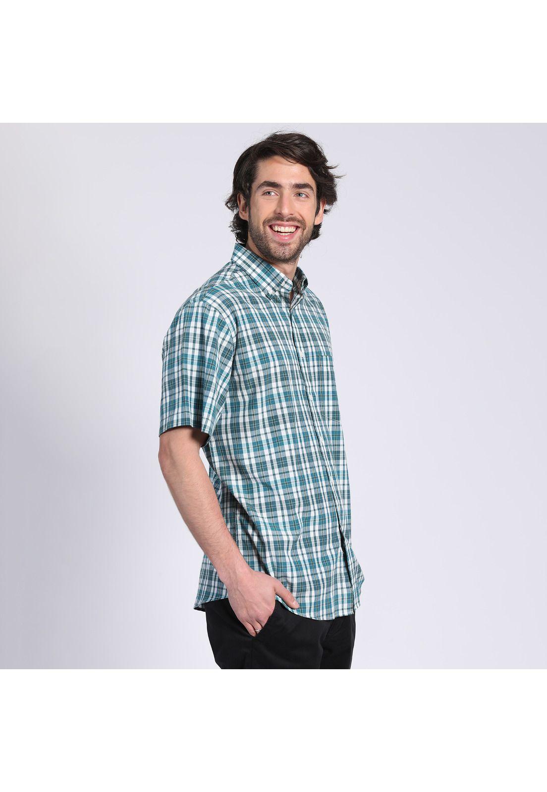 Camisa Manga Corta Fantasía Clásica Botón Cuello Regular Fit Botón Cuello Verde-2