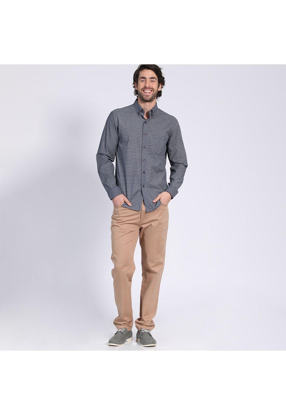 Camisa Manga Larga Fantasía Estampada Slim Fit Botón Cuello Azul Marino-0