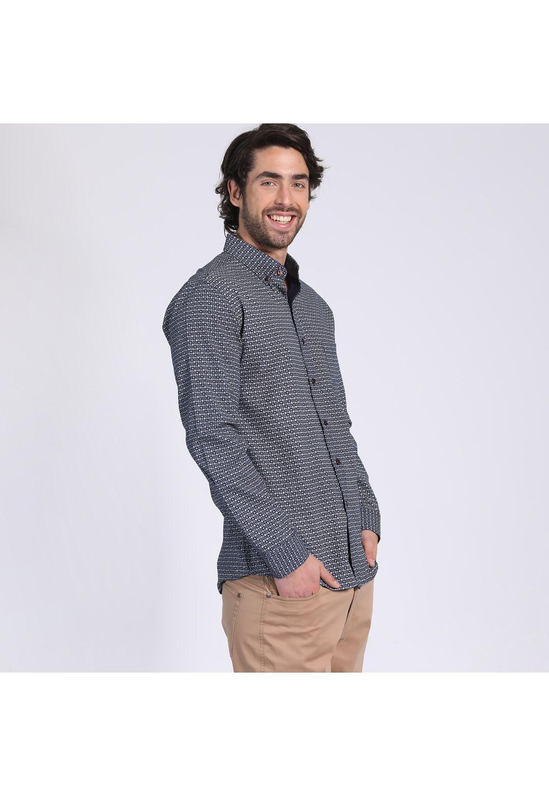 Camisa Manga Larga Fantasía Estampada Slim Fit Botón Cuello Azul Marino-1