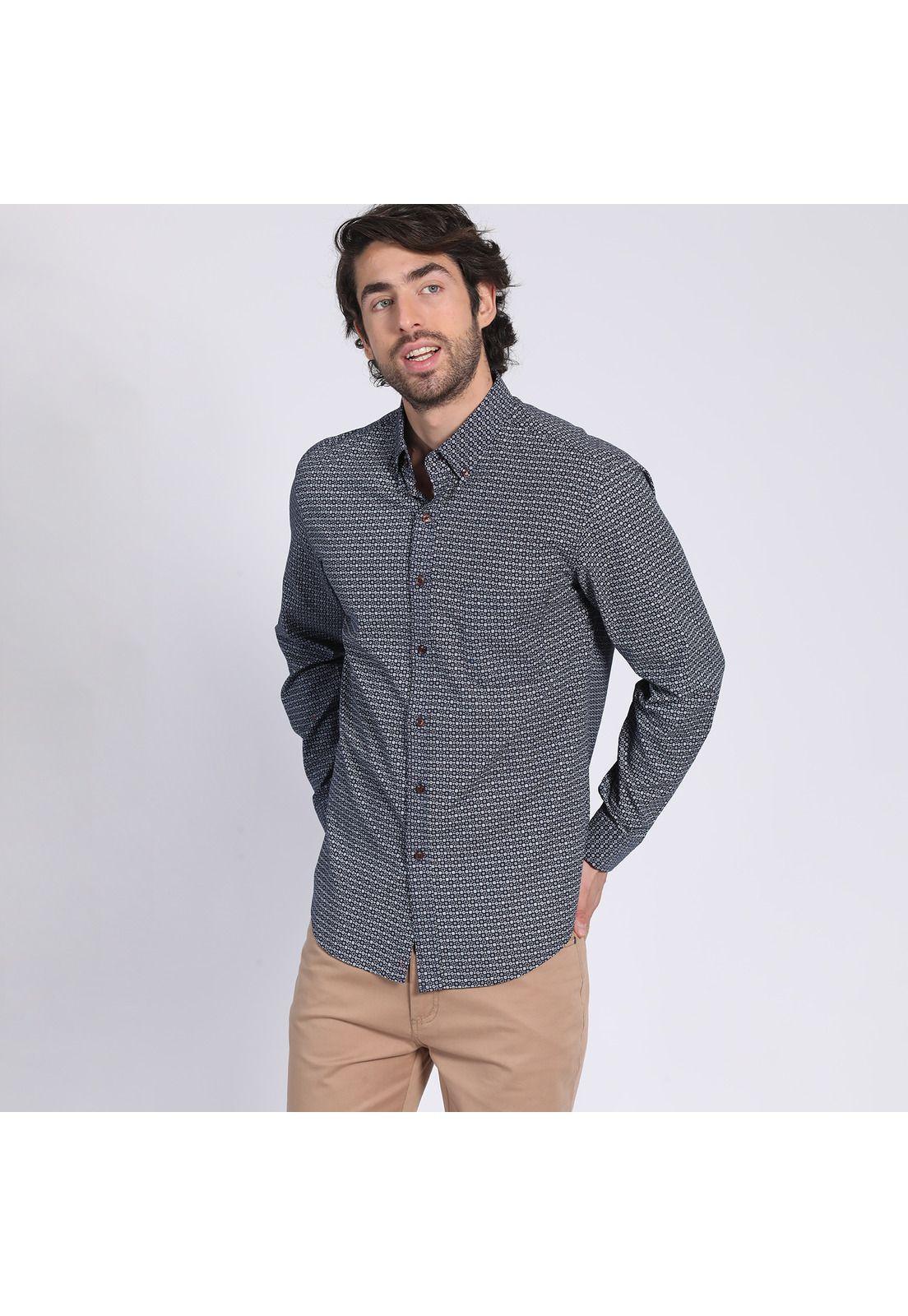 Camisa Manga Larga Fantasía Estampada Slim Fit Botón Cuello Azul Marino-2