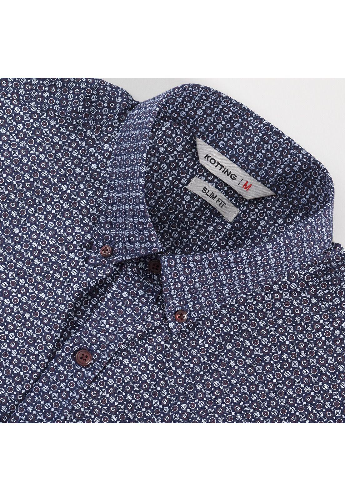 Camisa Manga Larga Fantasía Estampada Slim Fit Botón Cuello Azul Marino-3