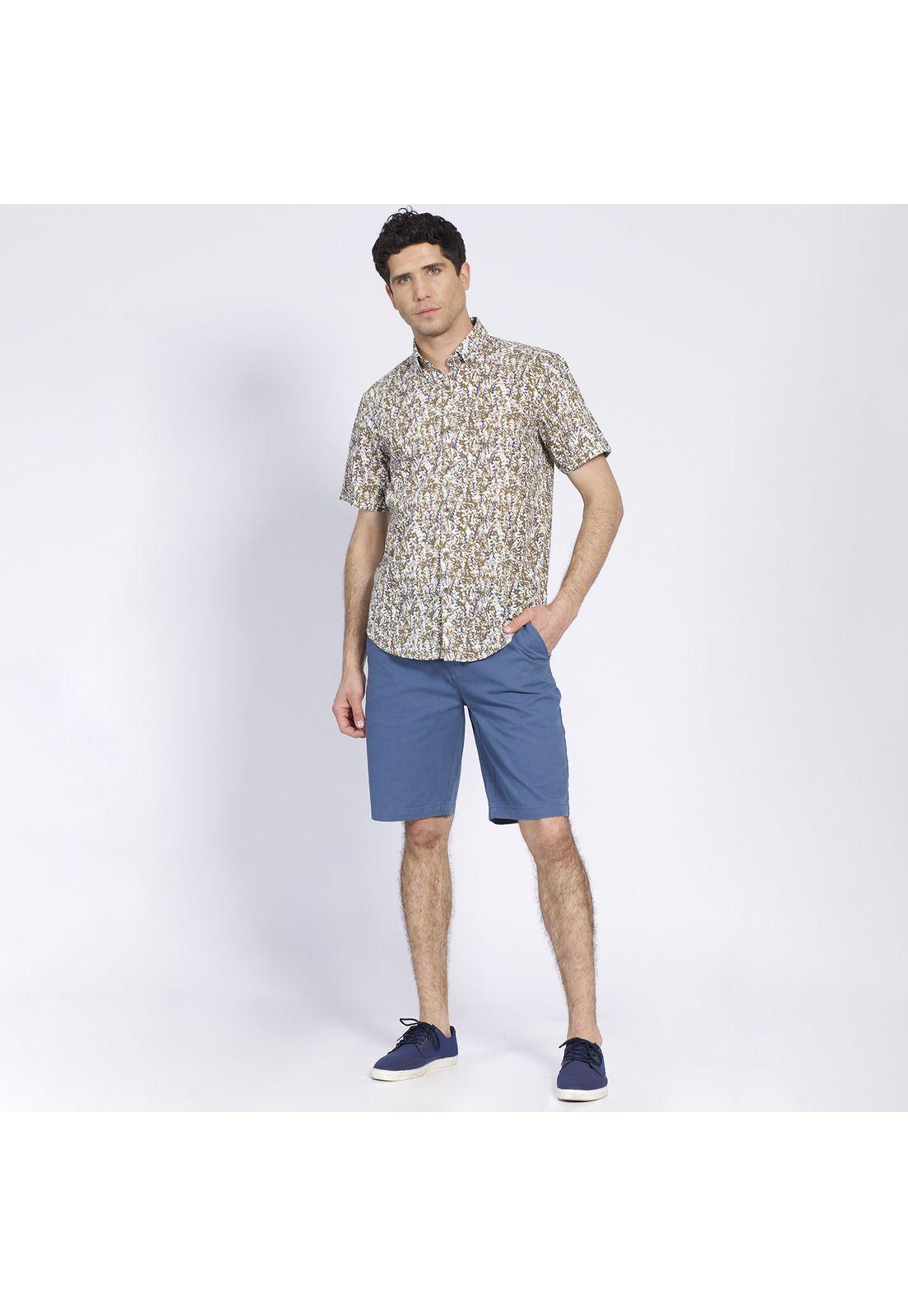 Camisa Manga Corta Estampada Diseño Slim Fit Botón Cuello Café-0