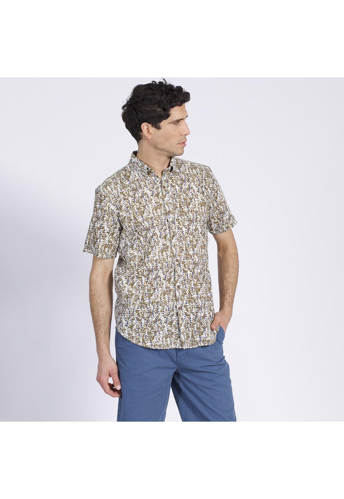 Camisa Manga Corta Estampada Diseño Slim Fit Botón Cuello Café-2