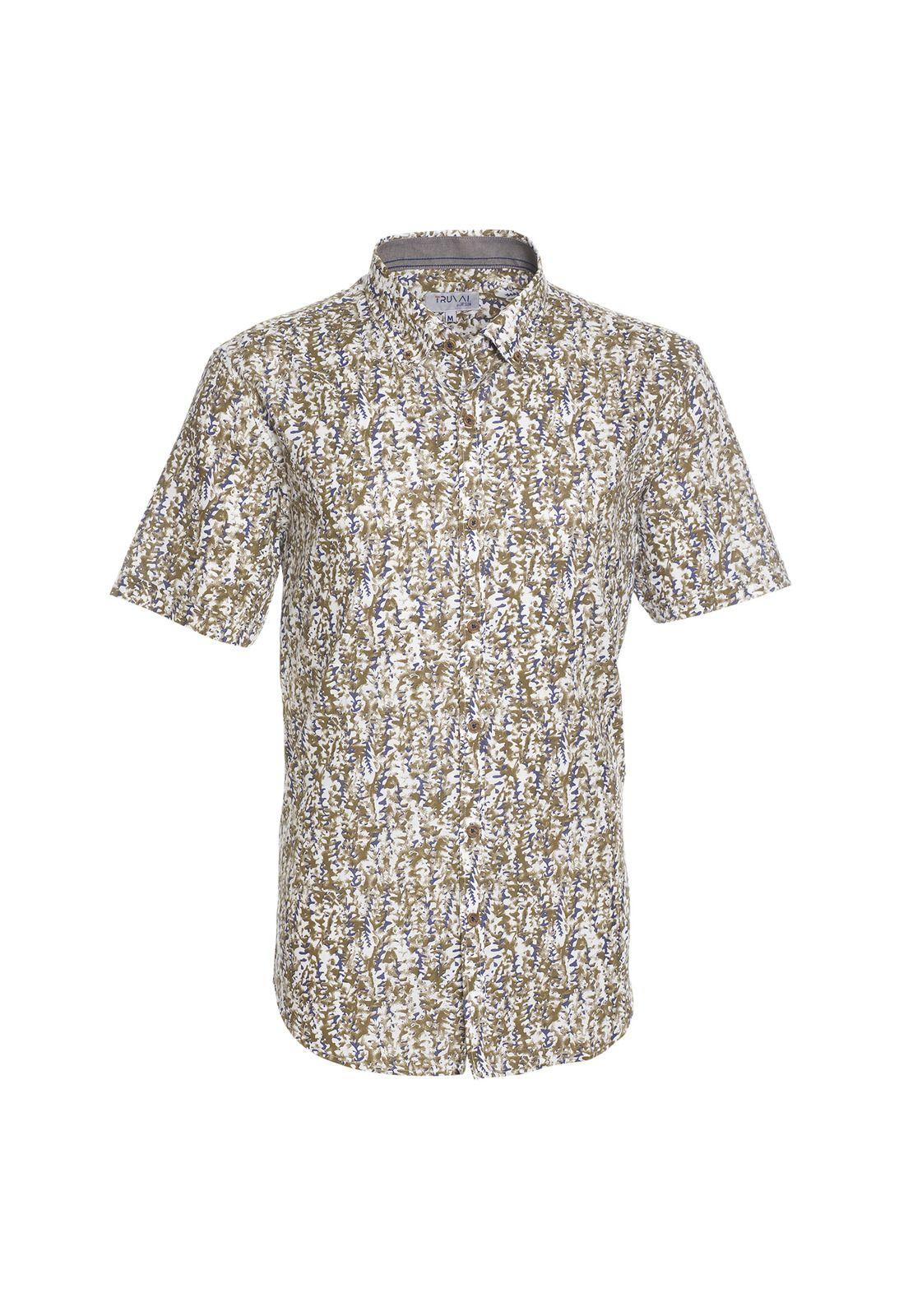 Camisa Manga Corta Estampada Diseño Slim Fit Botón Cuello Café-4