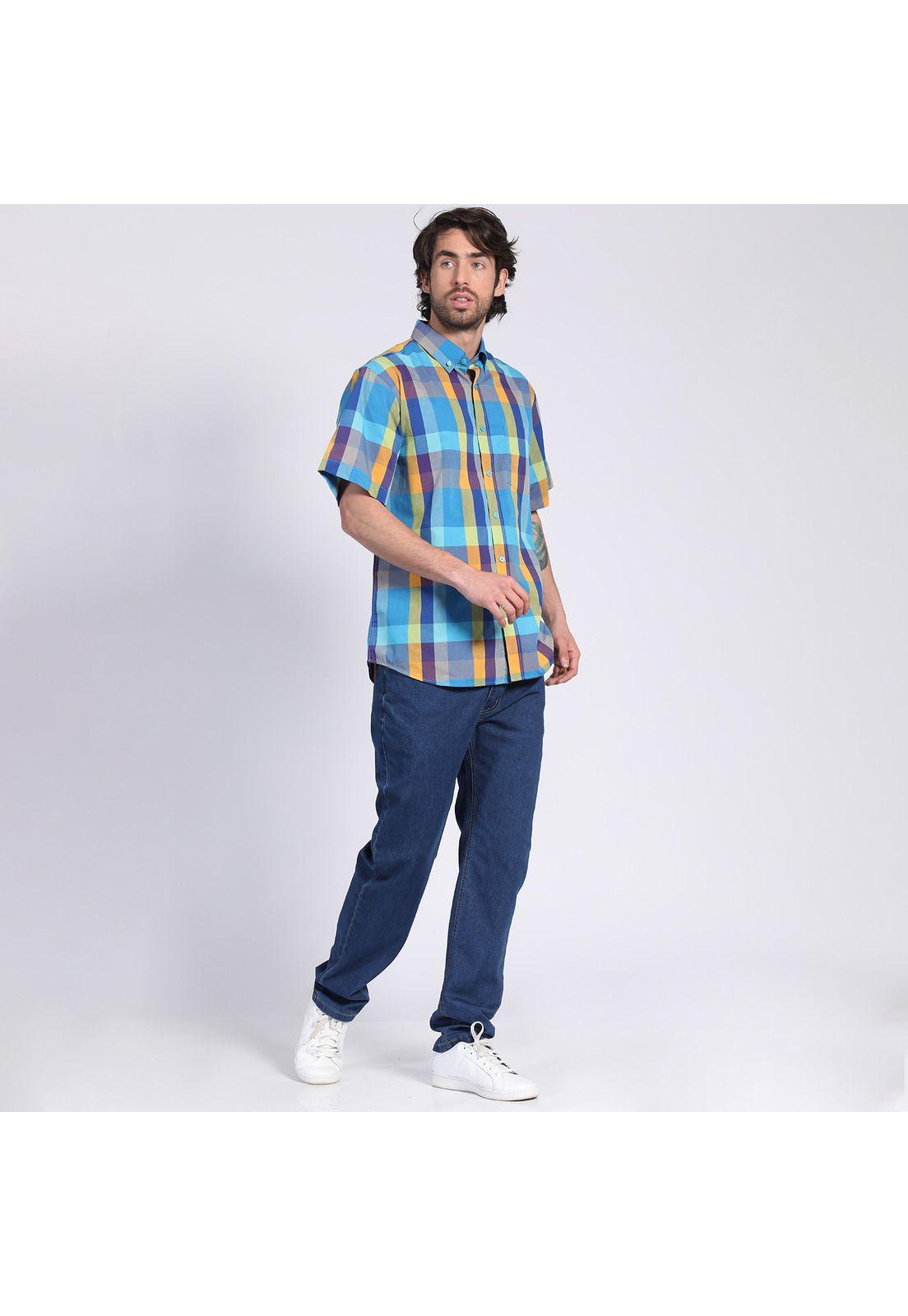 Camisa Manga Corta Fantasía Premium Botón Cuello Regular Fit Botón Cuello Celeste-0