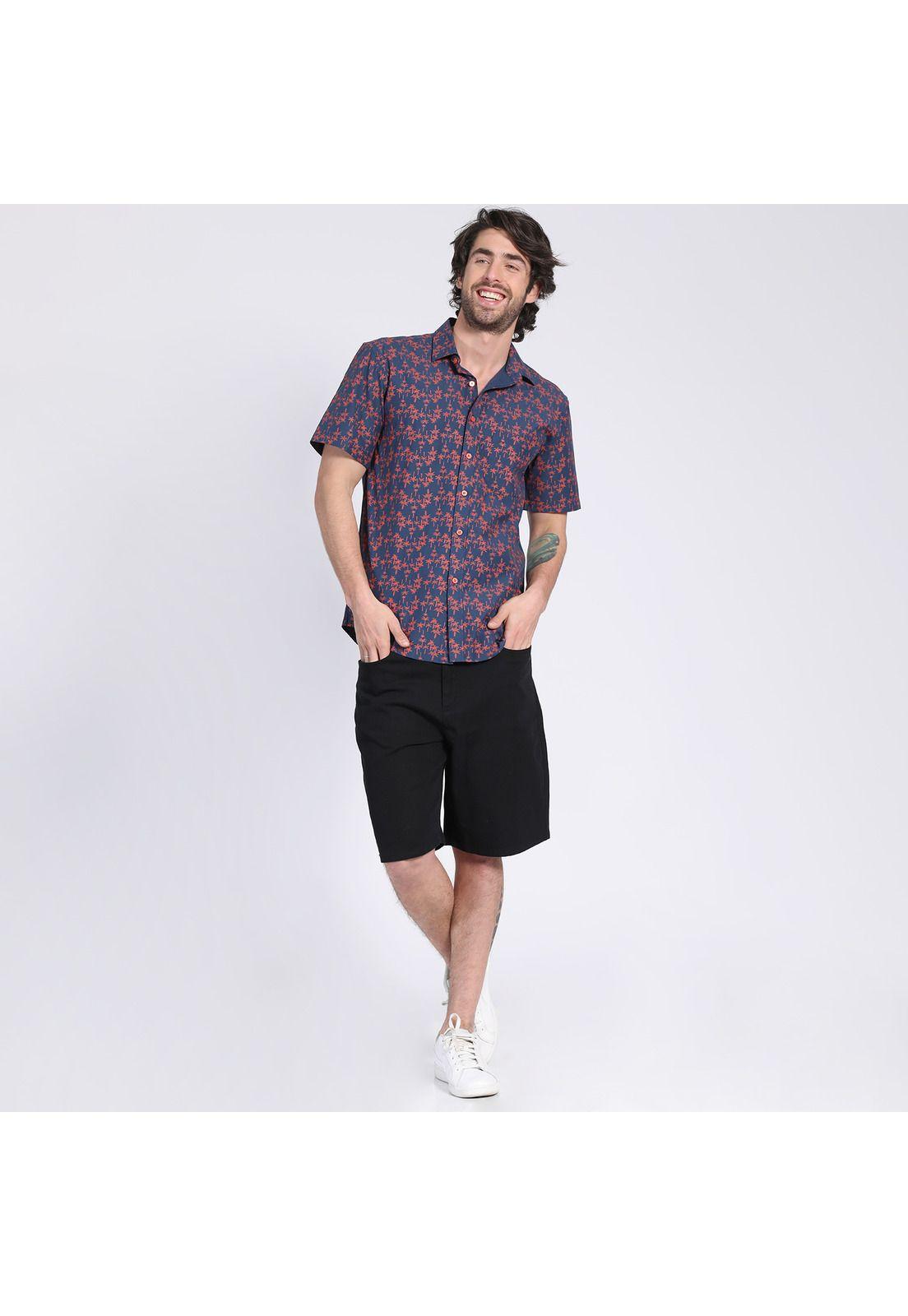 Camisa Manga Corta Fantasía Estampada Slim Fit Cuello Semi Italiano Azul marino-0