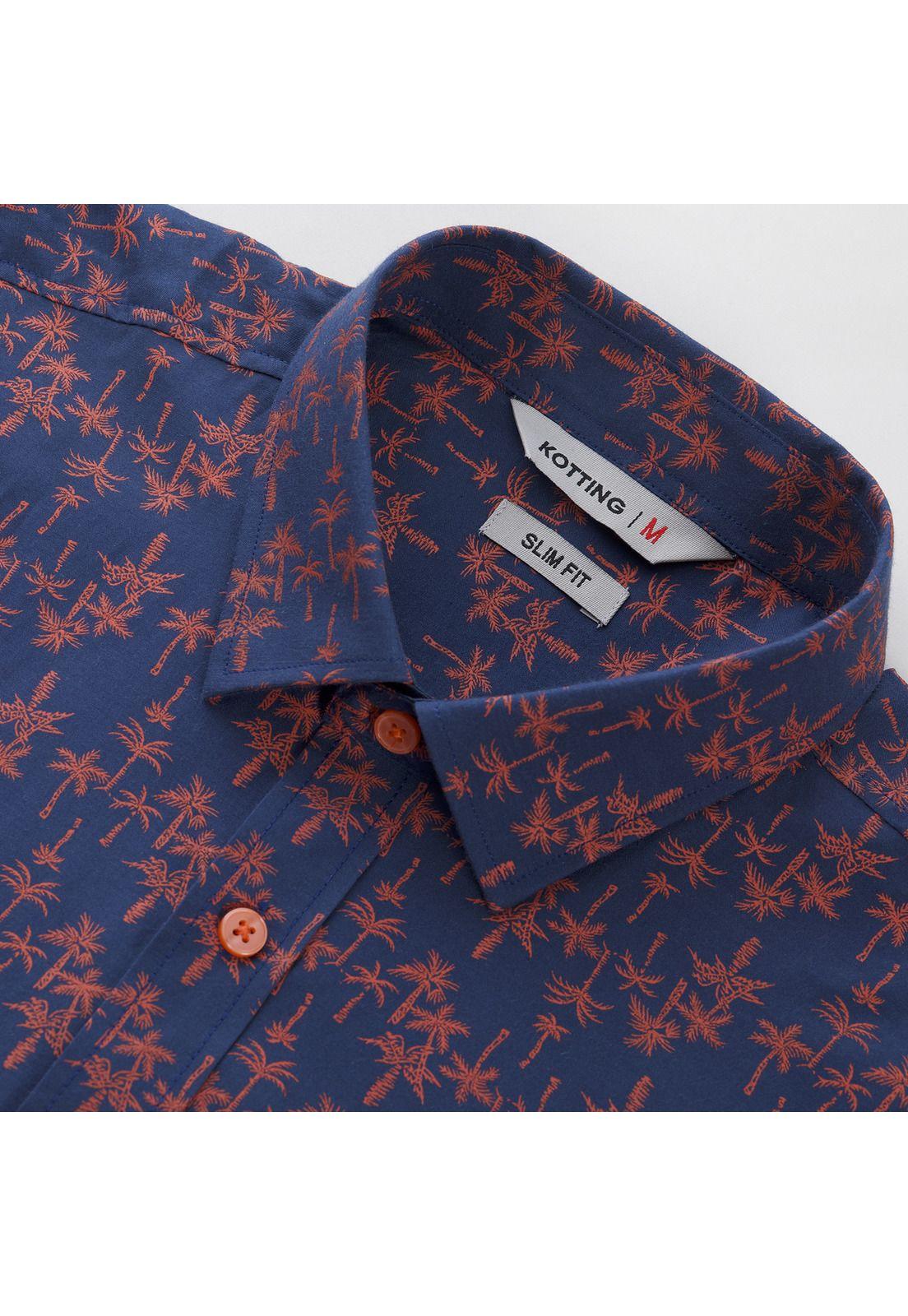 Camisa Manga Corta Fantasía Estampada Slim Fit Cuello Semi Italiano Azul marino-3