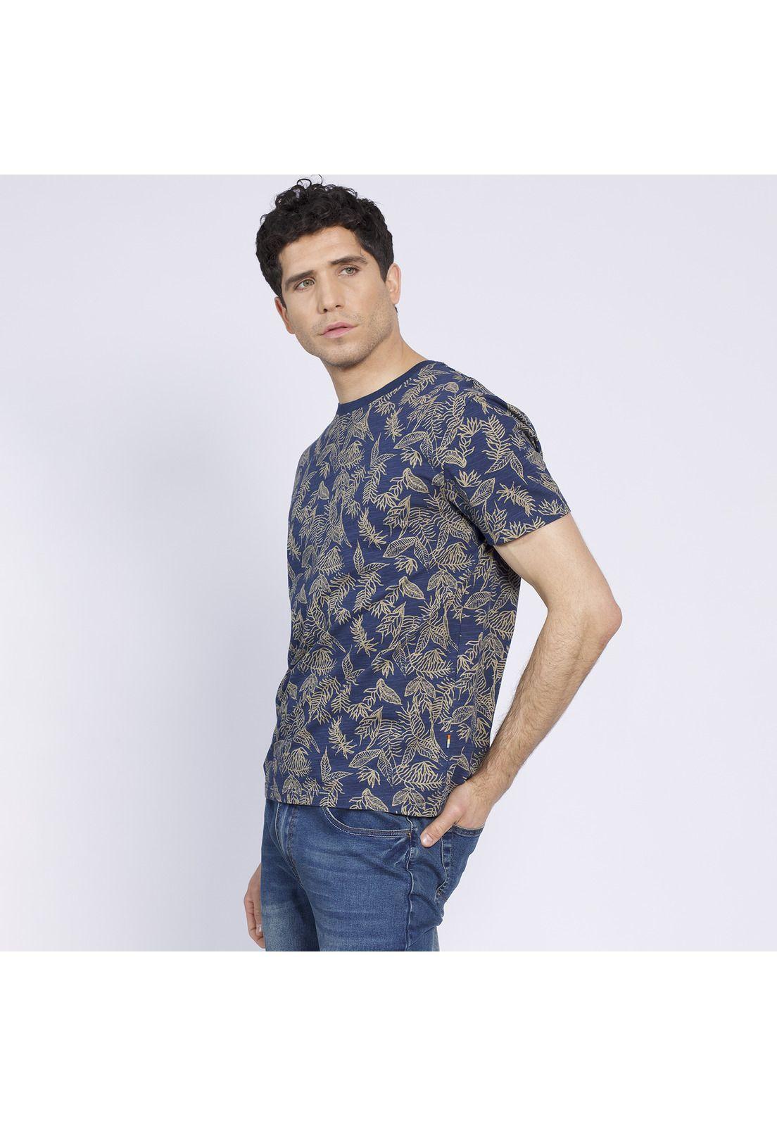 Polera Manga Corta Slub Estampada Azul-1
