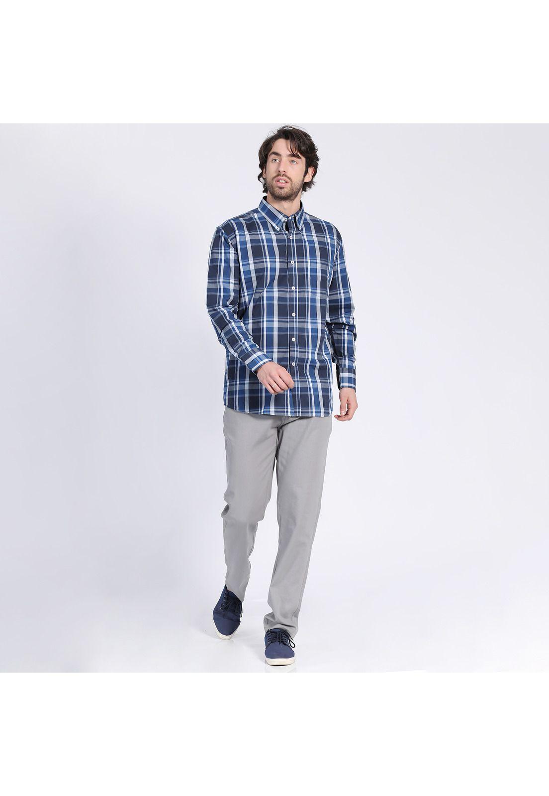 Camisa Manga Larga Fantasía Premium Regular Fit Botón Cuello Azul marino-0