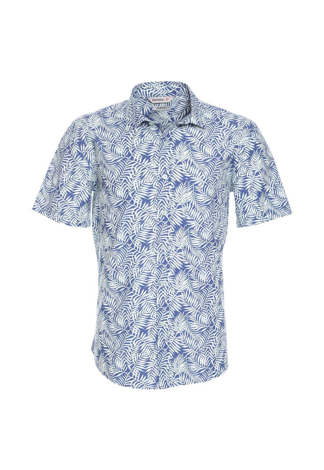 Camisa Manga Corta Fantasía Estampada Slim Fit Cuello Semi Italiano Azul-0