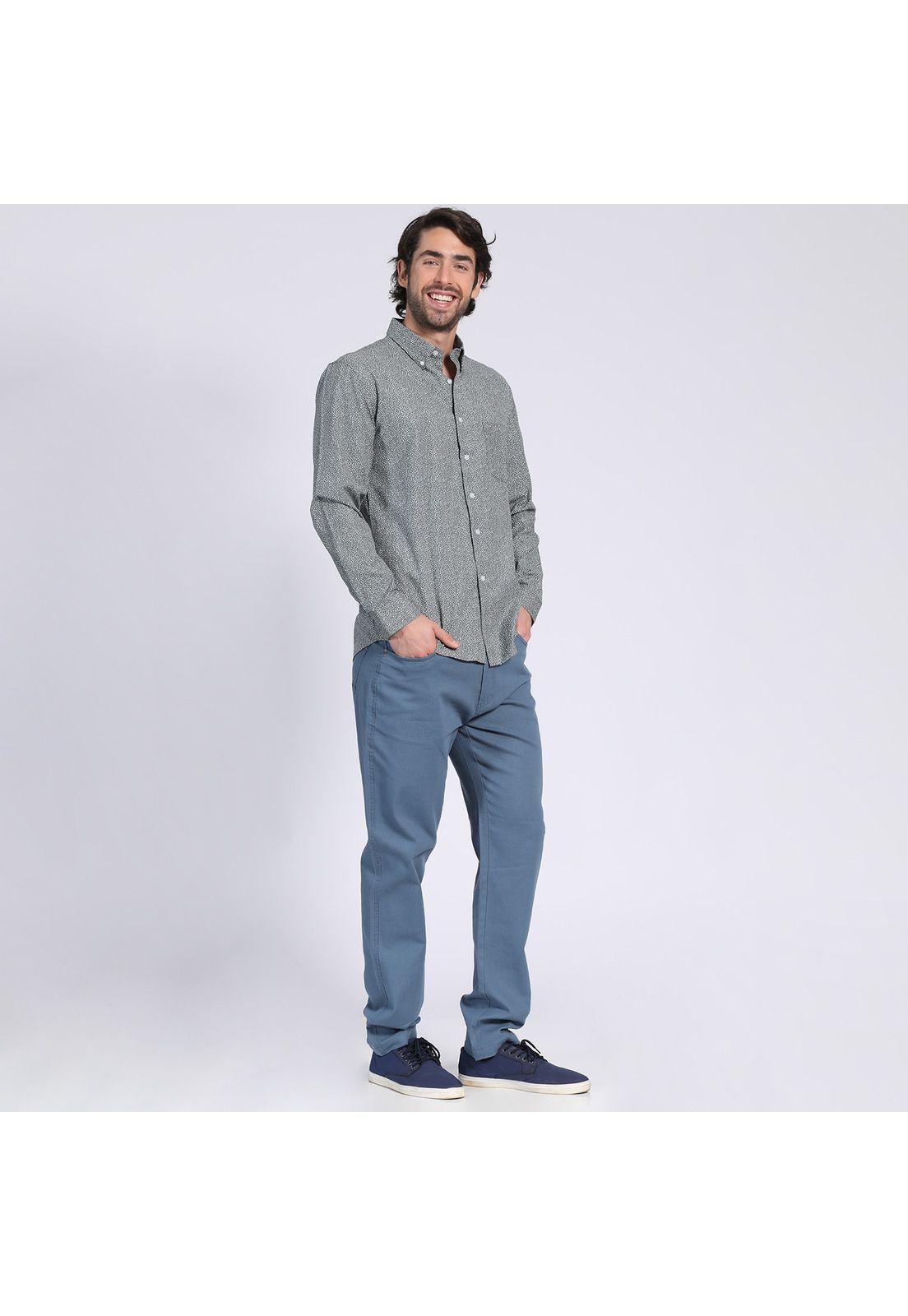 Camisa Manga Larga Fantasía Estampada Slim Fit Botón Cuello Gris oscuro-0