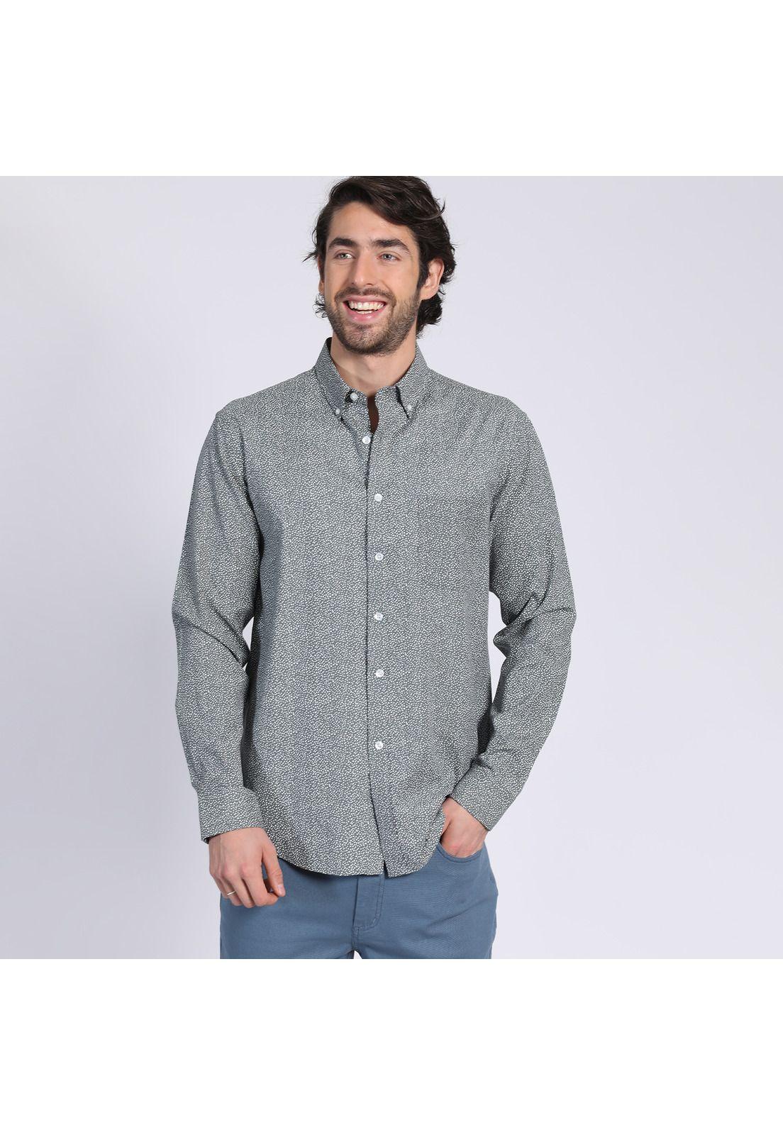 Camisa Manga Larga Fantasía Estampada Slim Fit Botón Cuello Gris oscuro-1