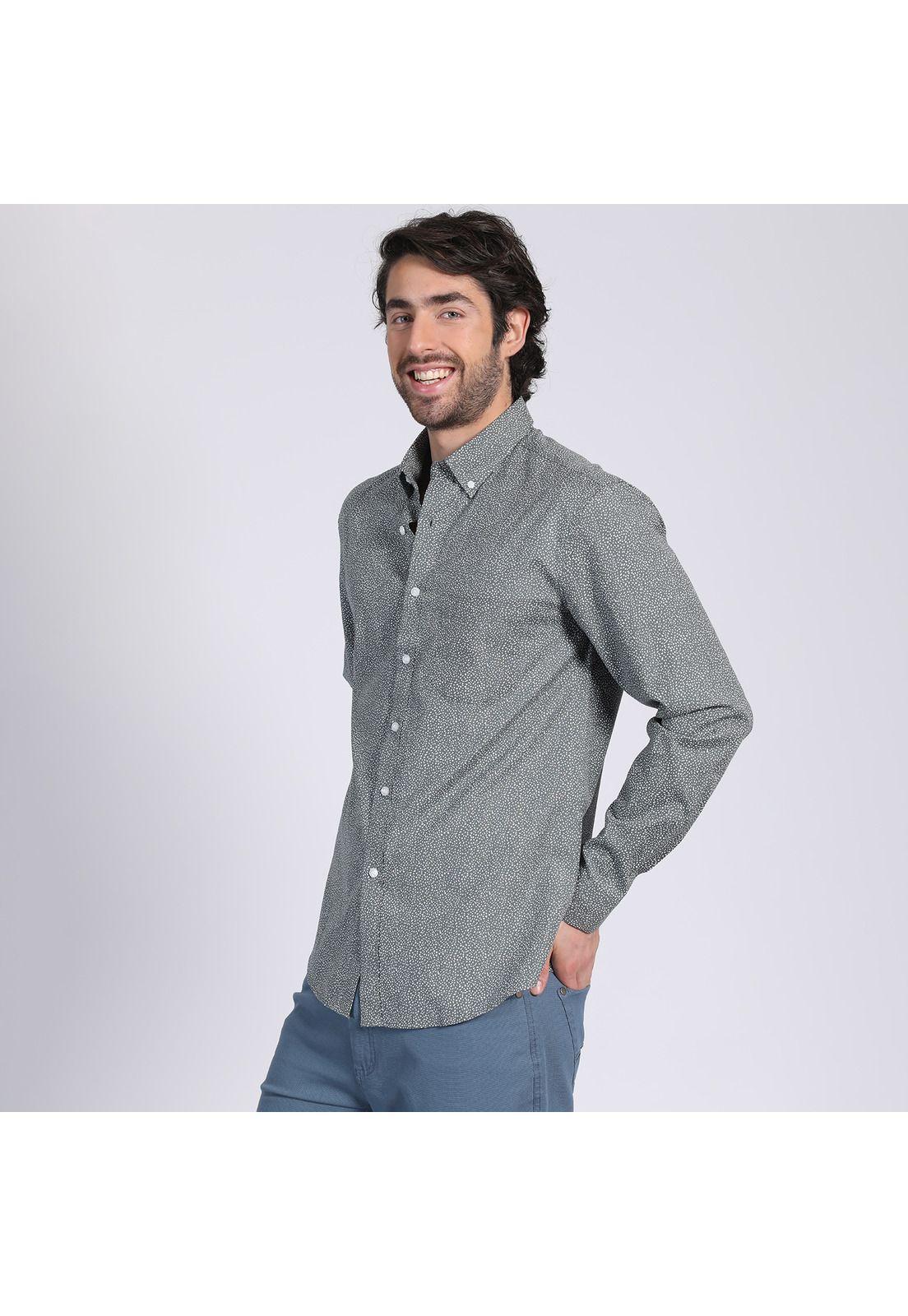 Camisa Manga Larga Fantasía Estampada Slim Fit Botón Cuello Gris oscuro-2