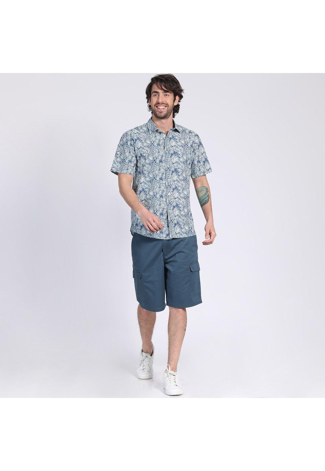 Camisa Manga Corta Fantasía Estampada Slim Fit Cuello Semi Italiano Azul-0