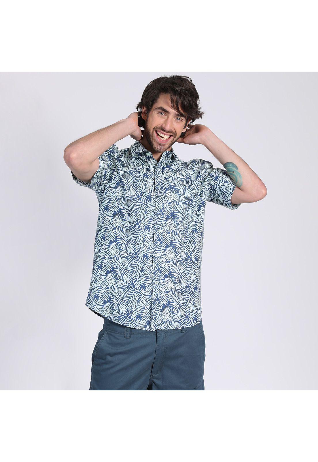 Camisa Manga Corta Fantasía Estampada Slim Fit Cuello Semi Italiano Azul-1