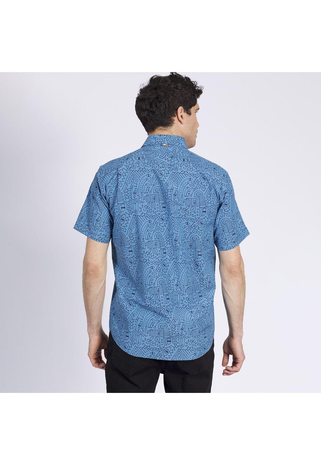 Camisa Manga Corta Guayabera Estampada Regular Fit Cuello Semi Italiano Azul-2