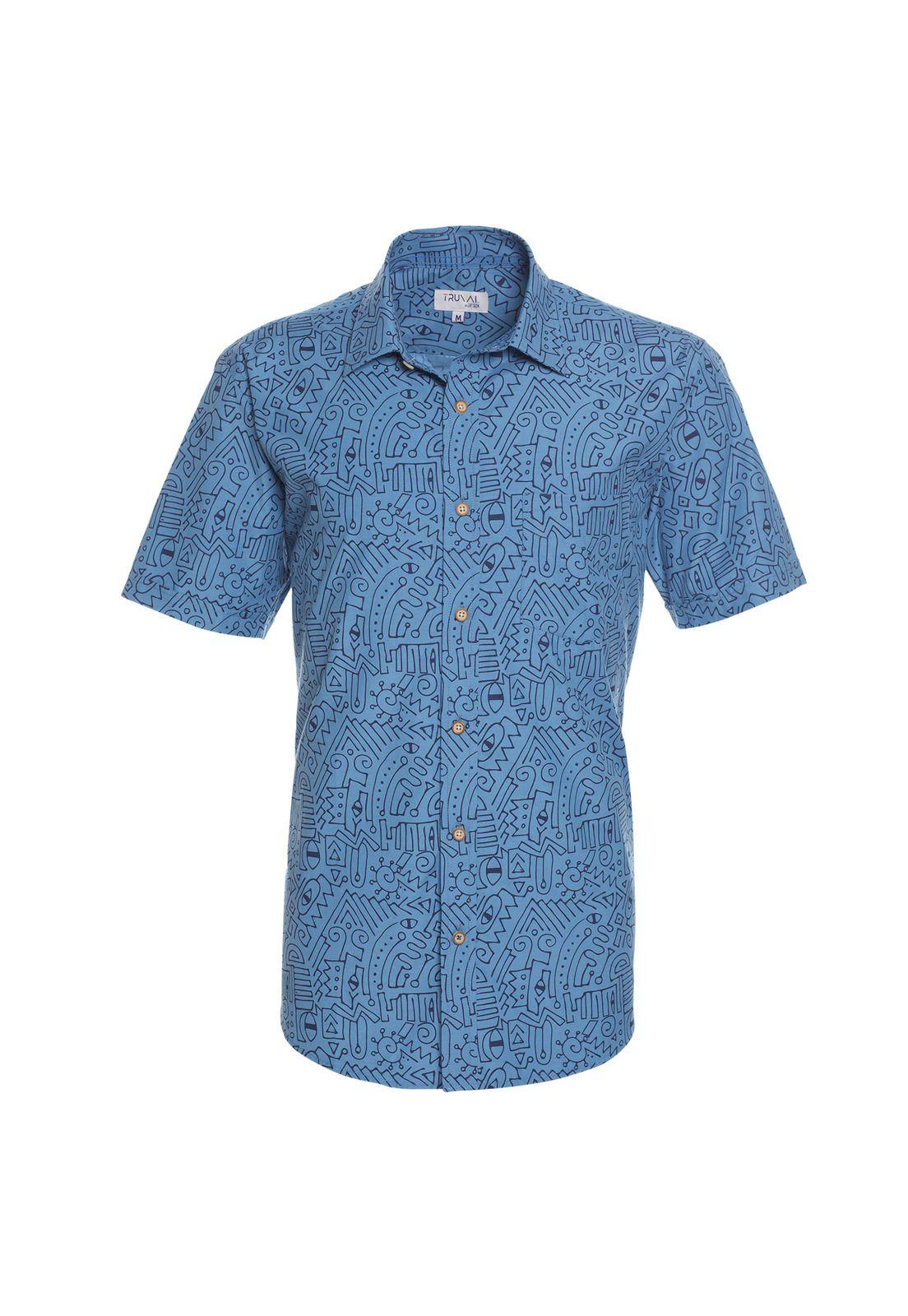 Camisa Manga Corta Guayabera Estampada Regular Fit Cuello Semi Italiano Azul-4