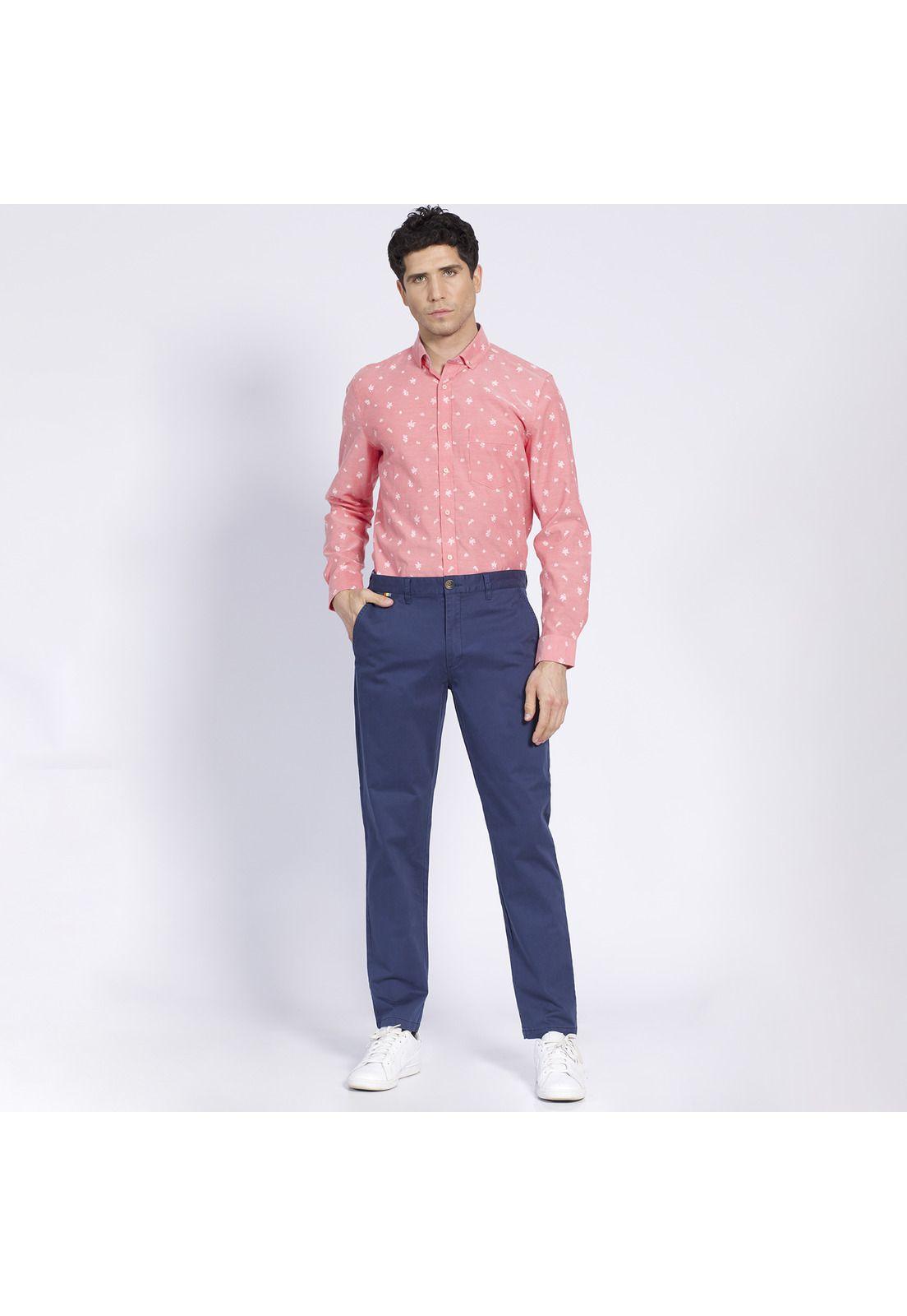 Pantalón Hombre Frente Plano Slim Fit Spandex Azul-1