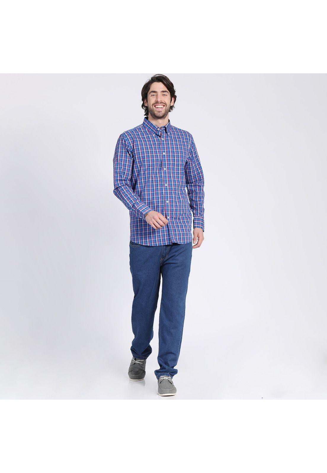 Camisa Manga Larga Fantasía Premium Regular Fit Botón Cuello Azul-0