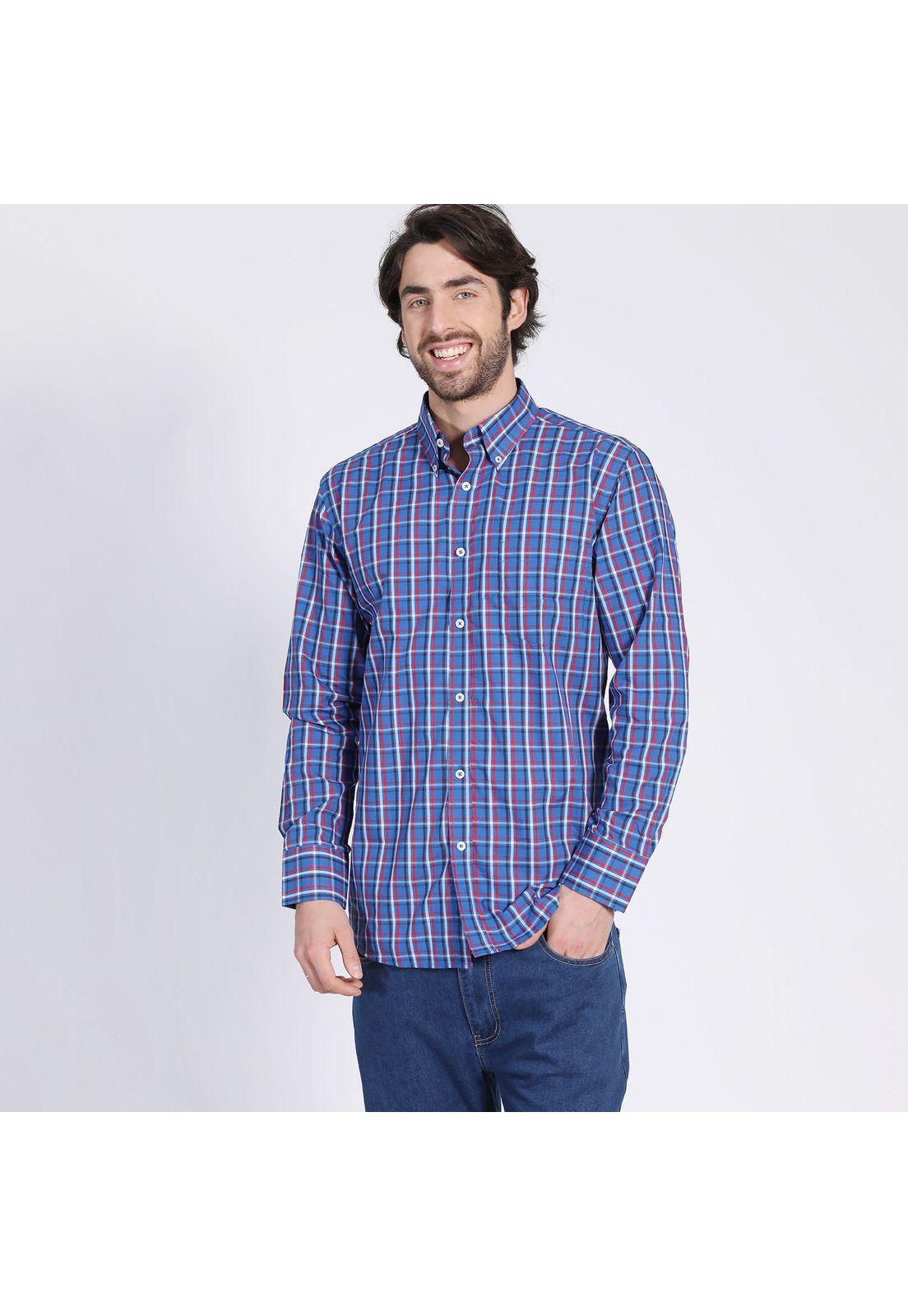 Camisa Manga Larga Fantasía Premium Regular Fit Botón Cuello Azul-1