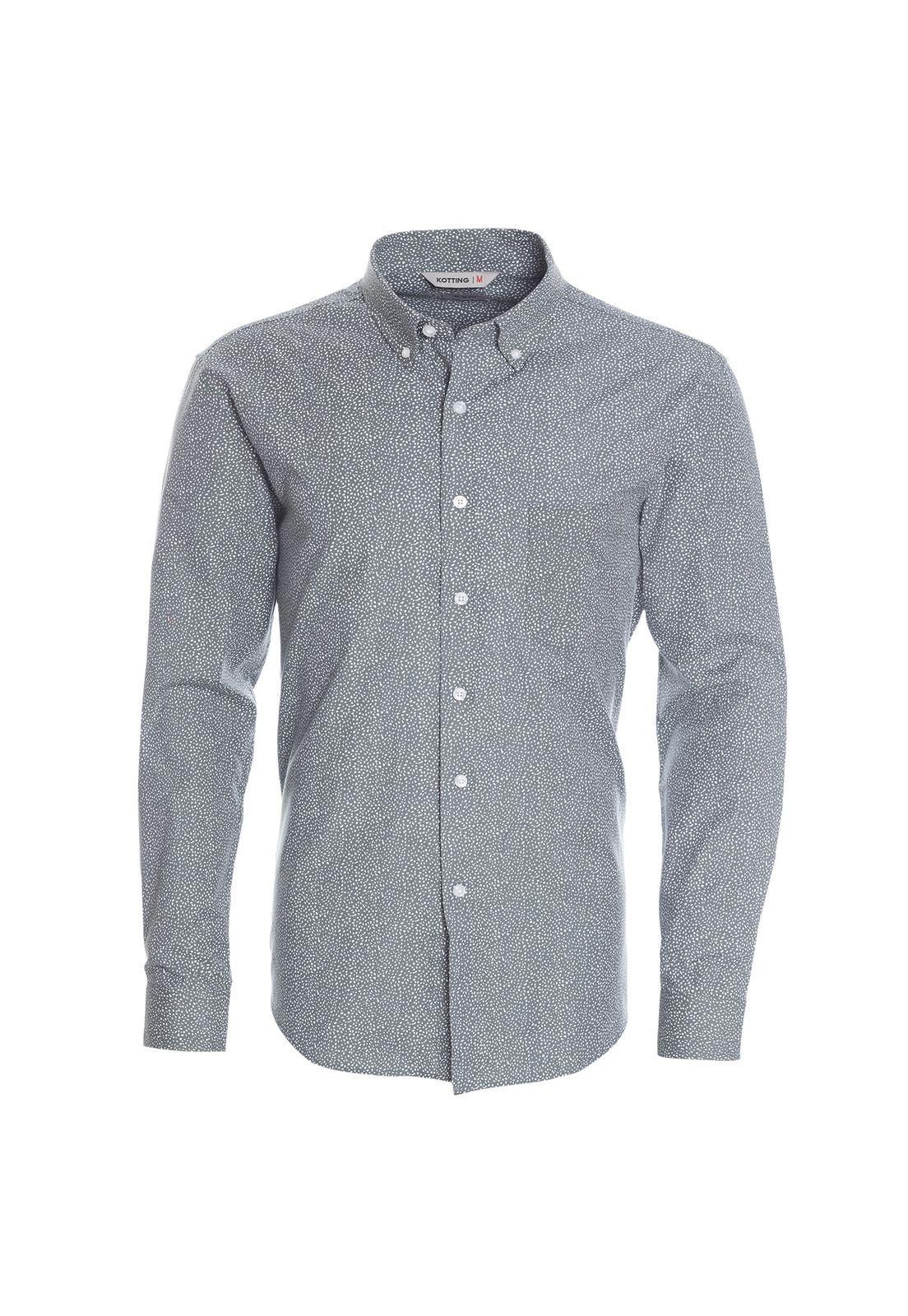 Camisa Manga Larga Fantasía Estampada Slim Fit Botón Cuello Gris oscuro-0