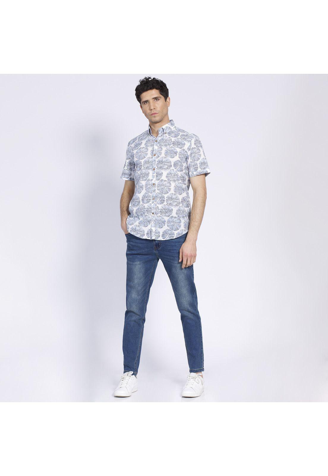 Camisa Manga Corta Estampada Diseño Slim Fit Botón Cuello Azul-0