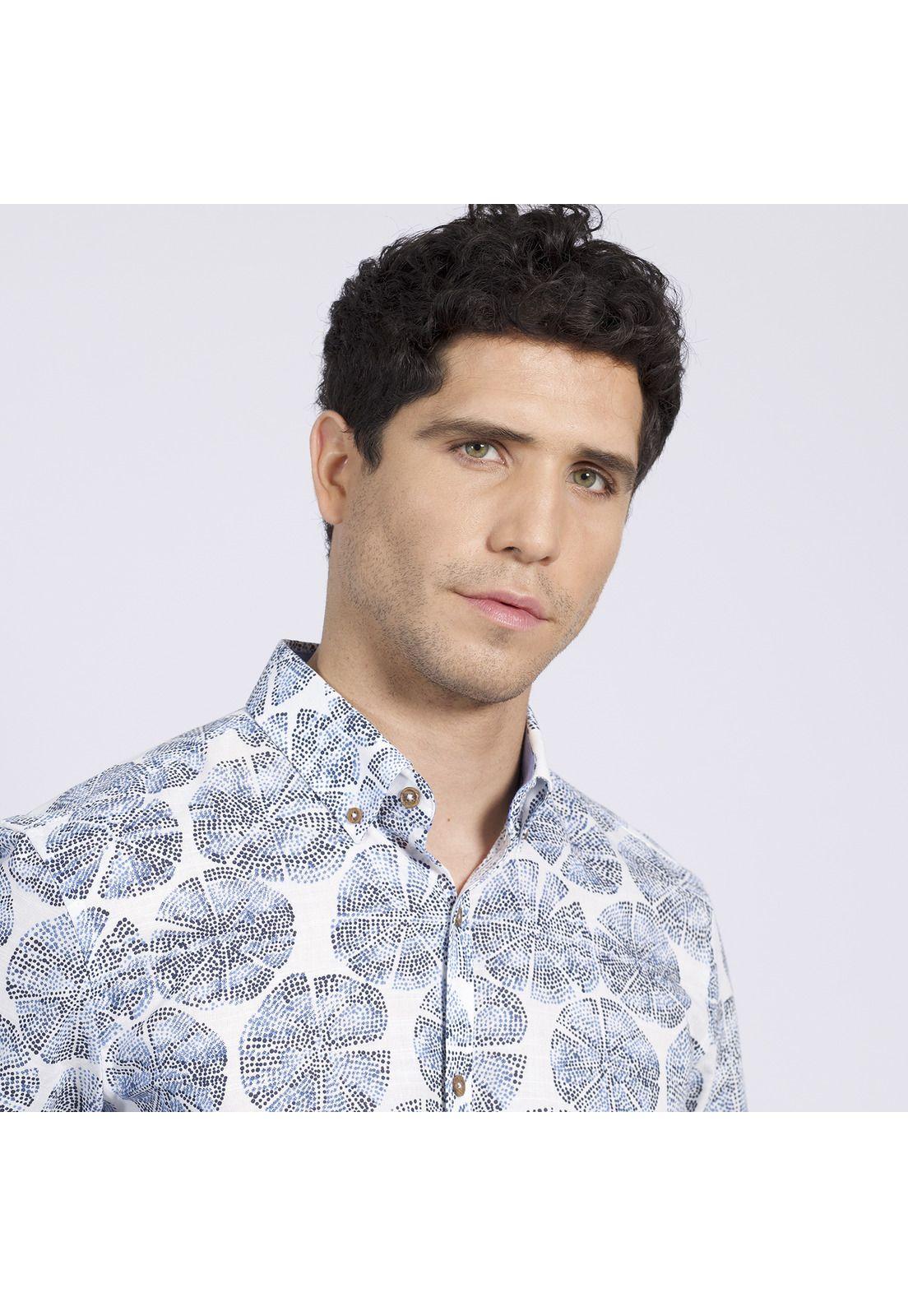 Camisa Manga Corta Estampada Diseño Slim Fit Botón Cuello Azul-1