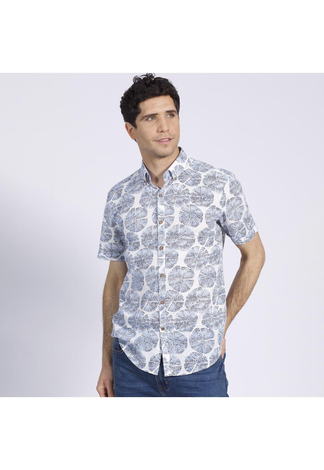 Camisa Manga Corta Estampada Diseño Slim Fit Botón Cuello Azul-2