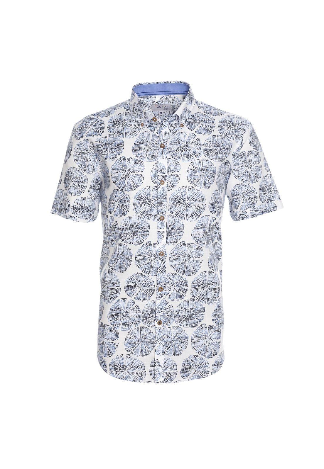Camisa Manga Corta Estampada Diseño Slim Fit Botón Cuello Azul-4