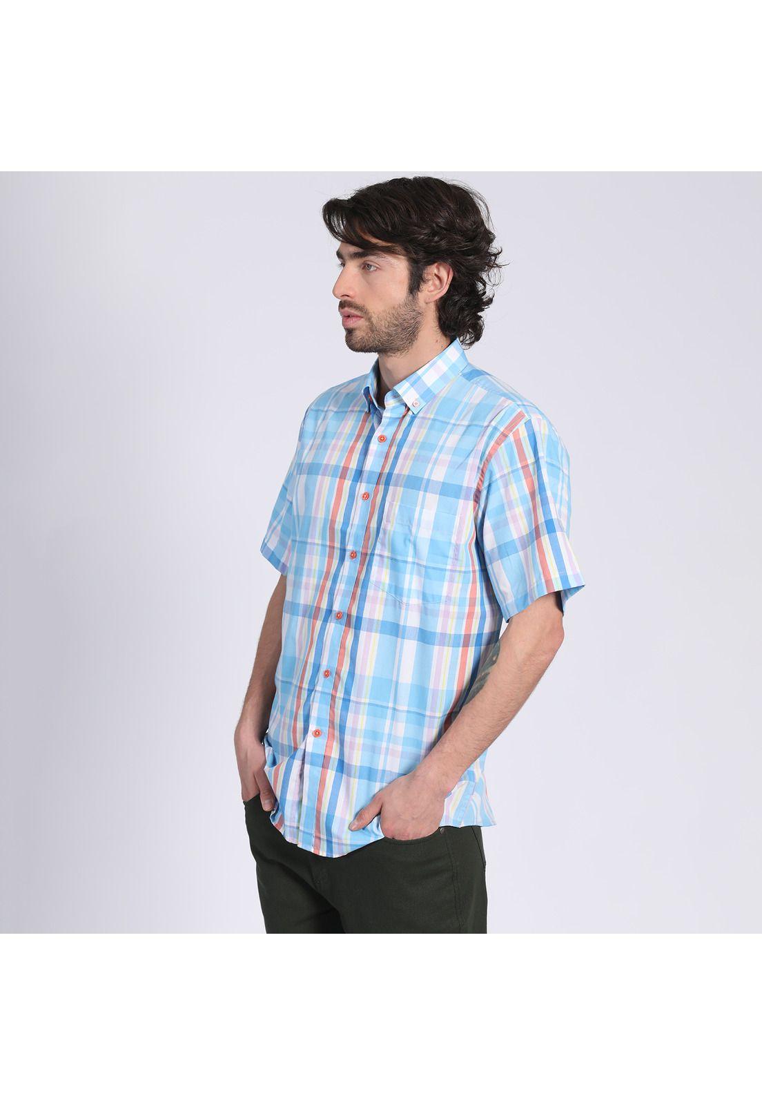 Camisa Manga Corta Fantasía Premium Botón Cuello Regular Fit Botón Cuello Azul-0