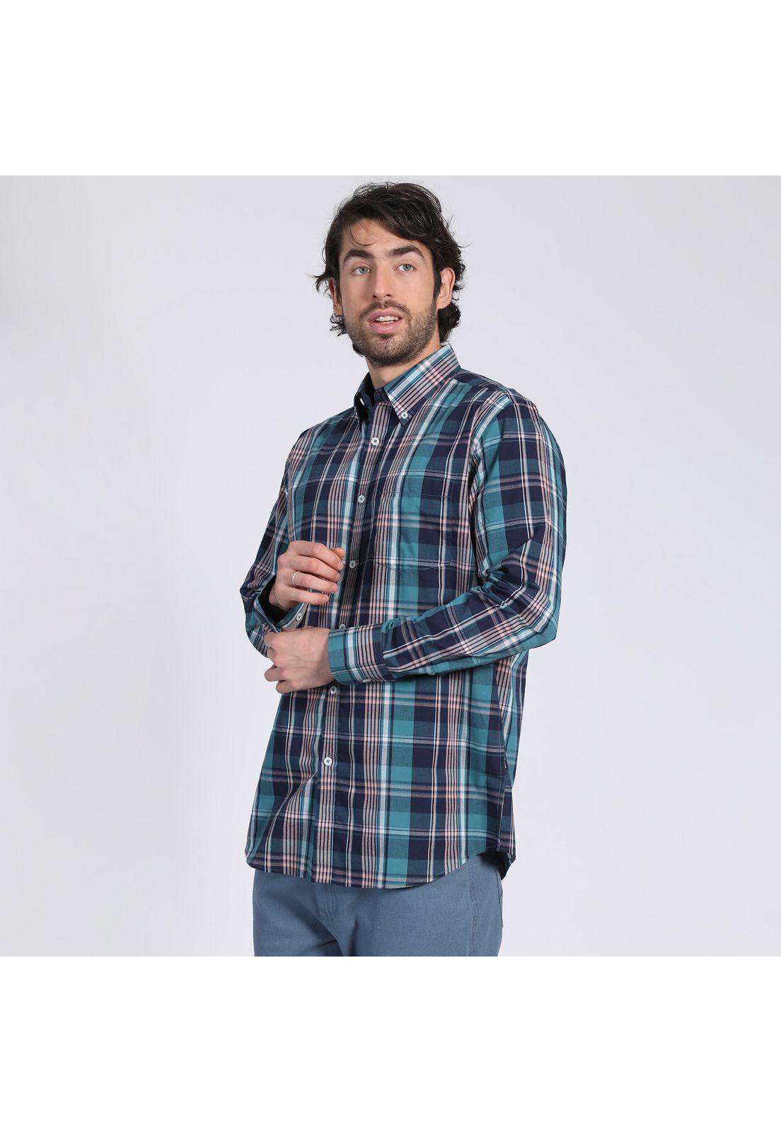 Camisa Manga Larga Fantasía Premium Regular Fit Botón Cuello Verde oscuro-1