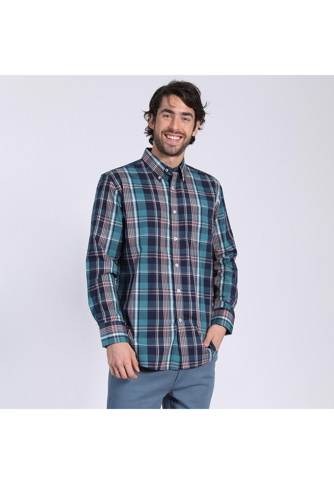 Camisa Manga Larga Fantasía Premium Regular Fit Botón Cuello Verde oscuro-2