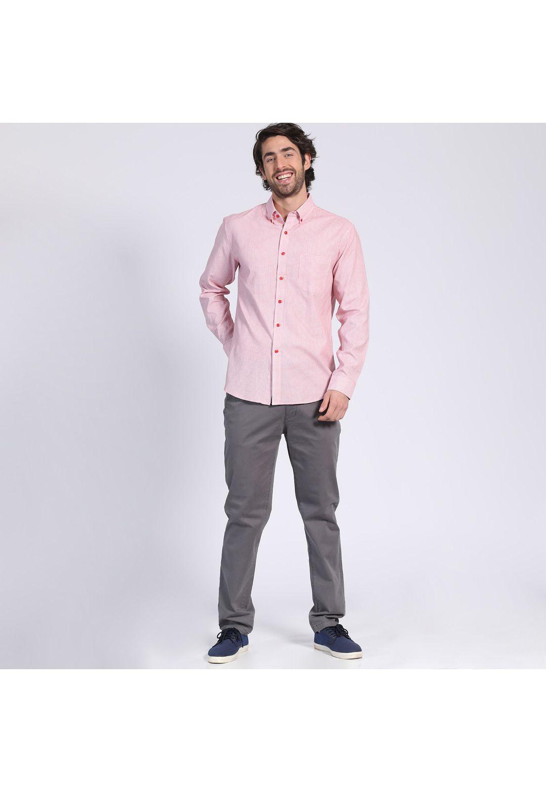 Camisa Manga Larga Fantasía Estampada Slim Fit Botón Cuello Rosado-0