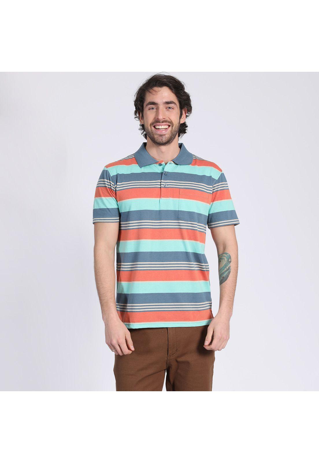 Polera Manga Corta Jersey Listada Cuello Camisero Verde claro-1