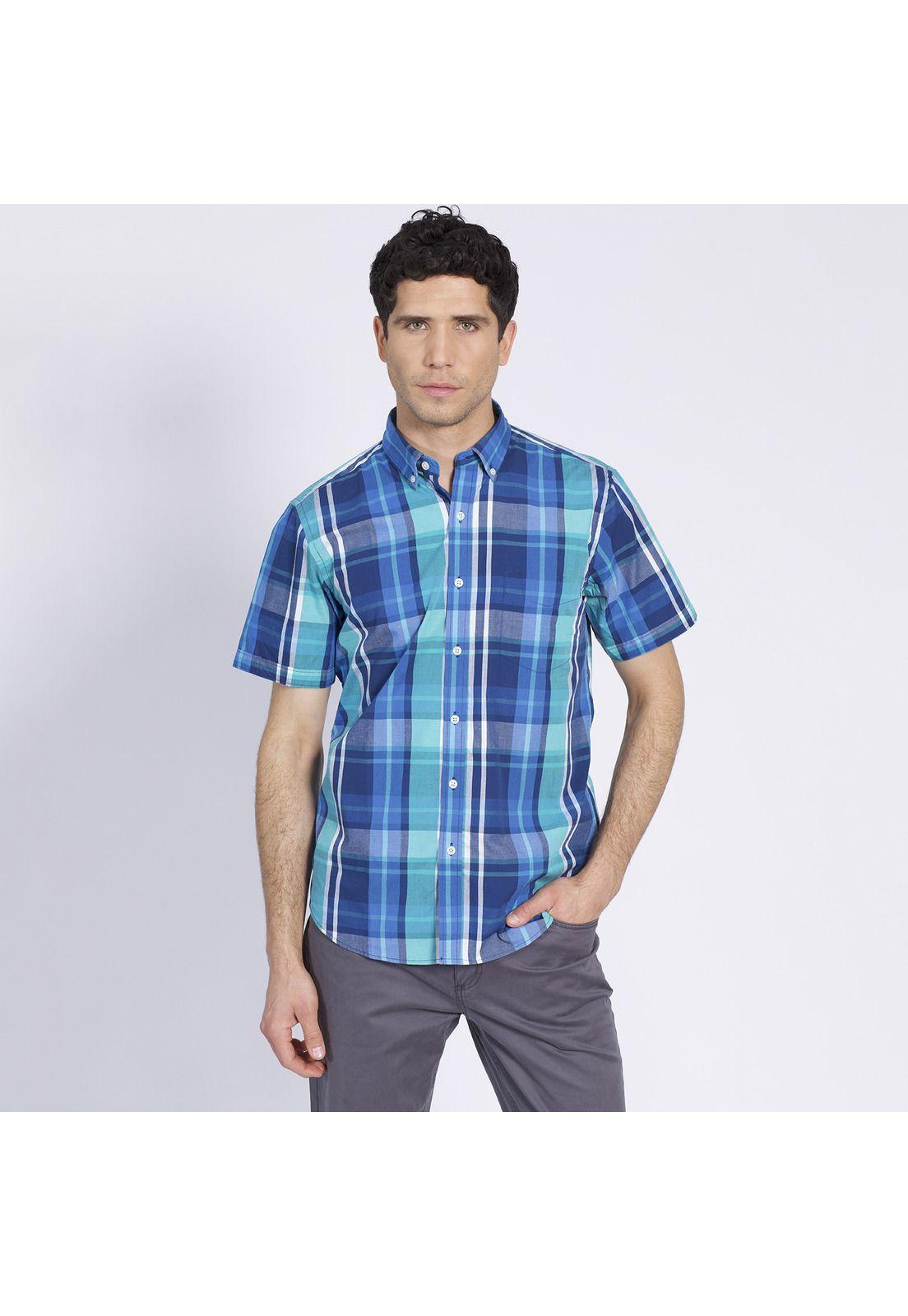 Camisa Manga Corta Trevira Fantasía Regular Fit Botón Cuello Azul-0