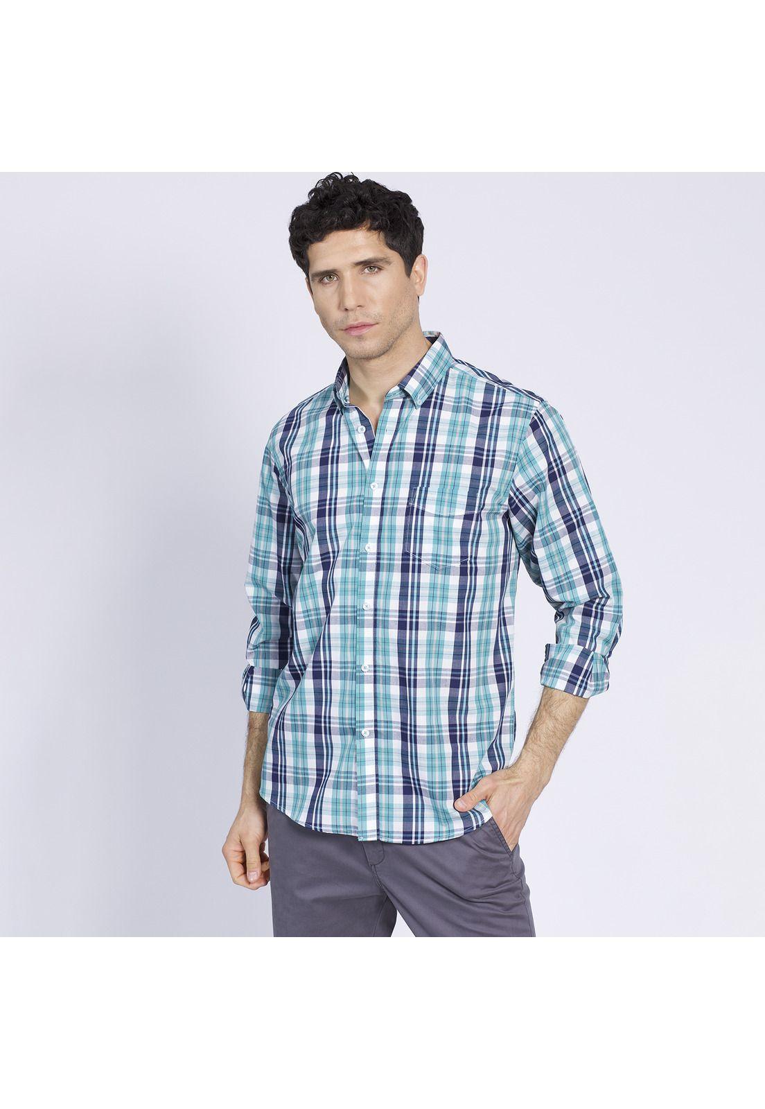 Camisa Manga Larga Trevira Fantasía Regular Fit Botón Cuello Verde-1