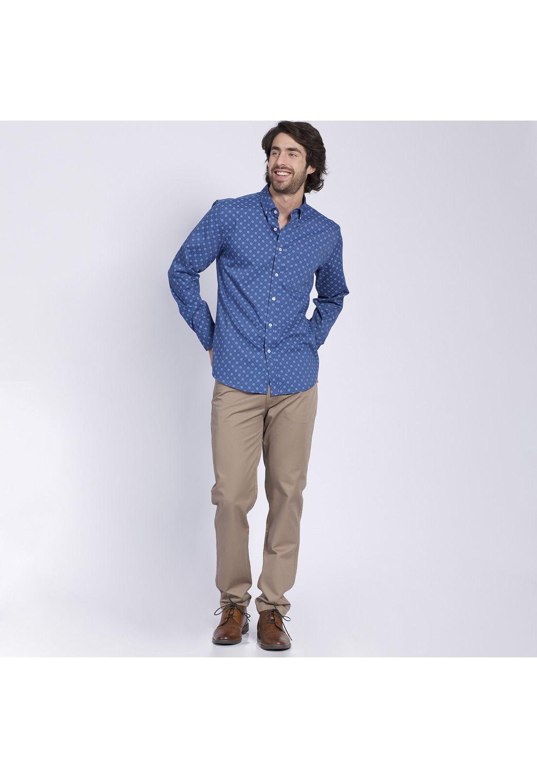 Camisa Manga Larga Sport Estampada Slim Fit Spandex Azul-0