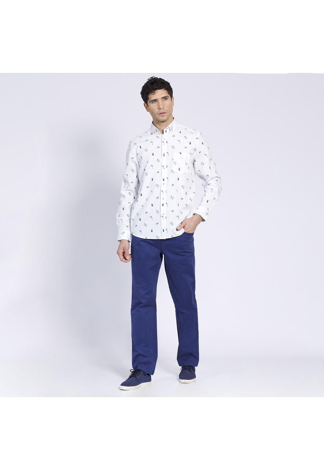 Camisa Manga Larga Oxford Estampada Slim Fit Botón Cuello Azul-0