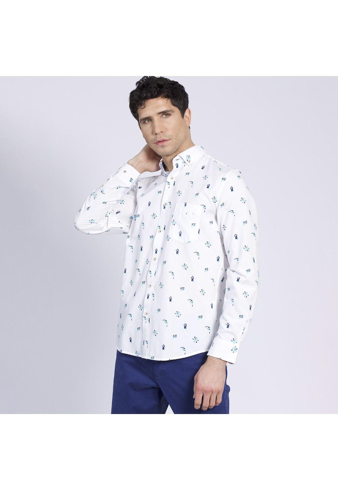 Camisa Manga Larga Oxford Estampada Slim Fit Botón Cuello Azul-1