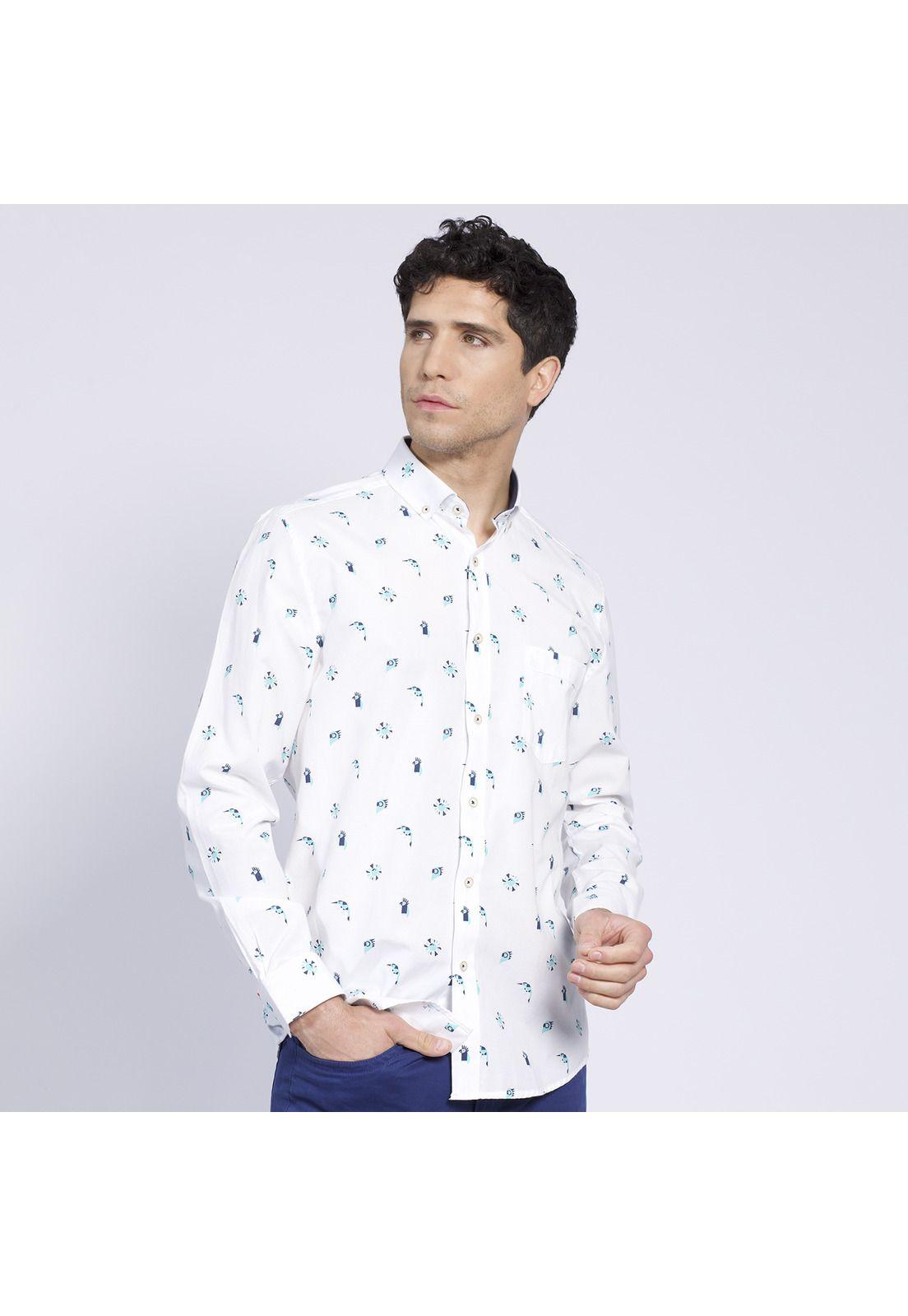 Camisa Manga Larga Oxford Estampada Slim Fit Botón Cuello Azul-2