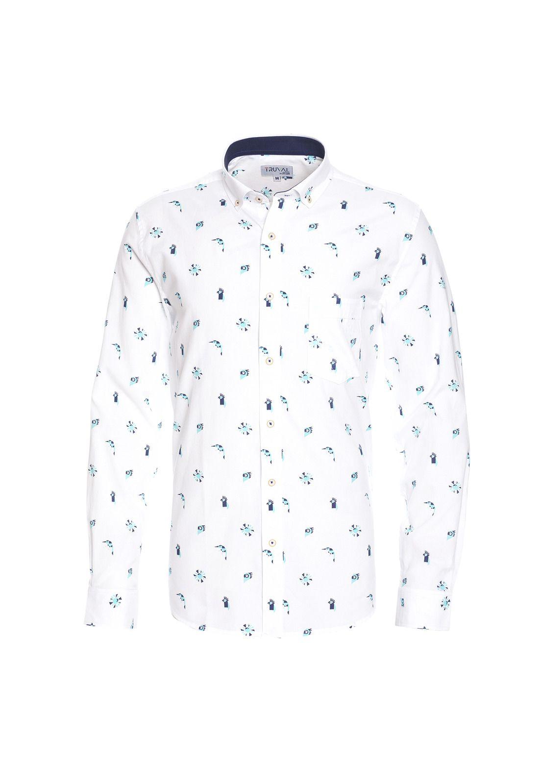 Camisa Manga Larga Oxford Estampada Slim Fit Botón Cuello Azul-3