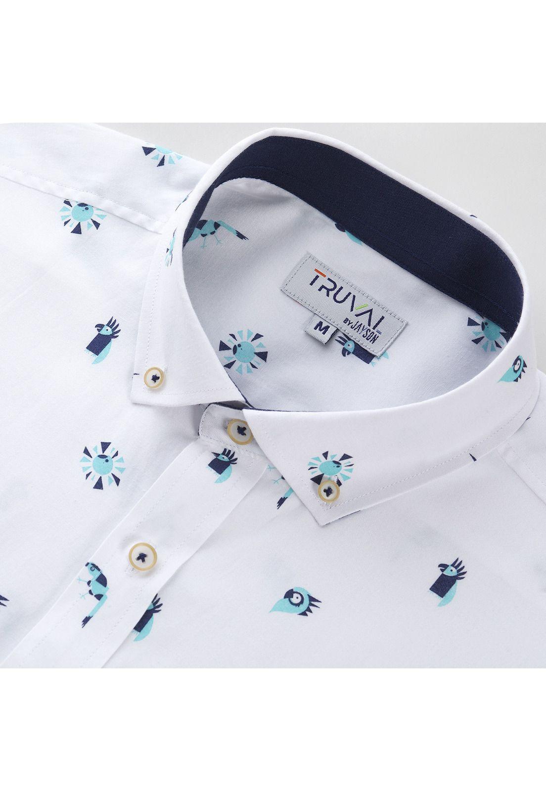 Camisa Manga Larga Oxford Estampada Slim Fit Botón Cuello Azul-4