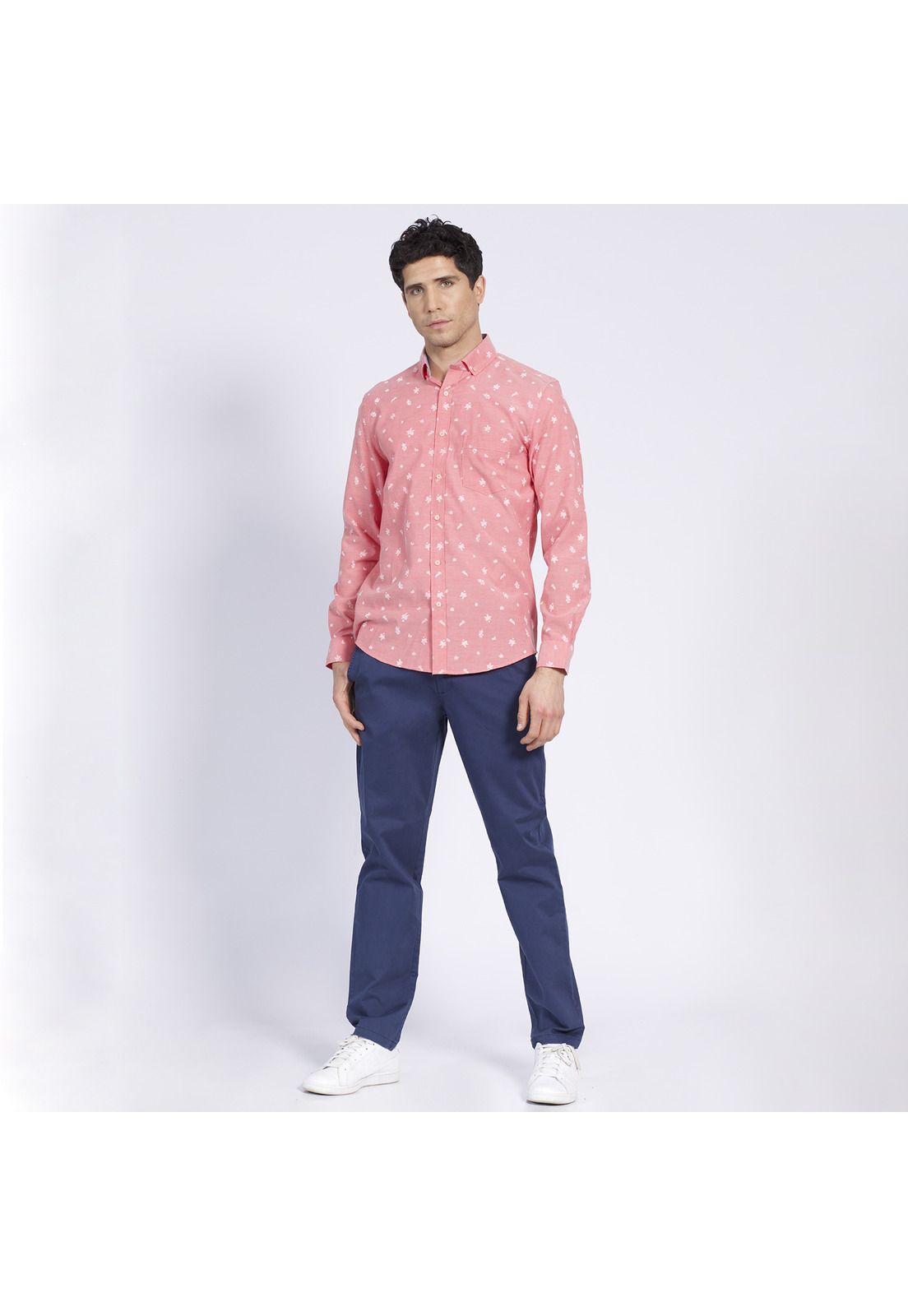 Camisa Manga Larga Oxford Estampada Slim Fit Botón Cuello Coral-0